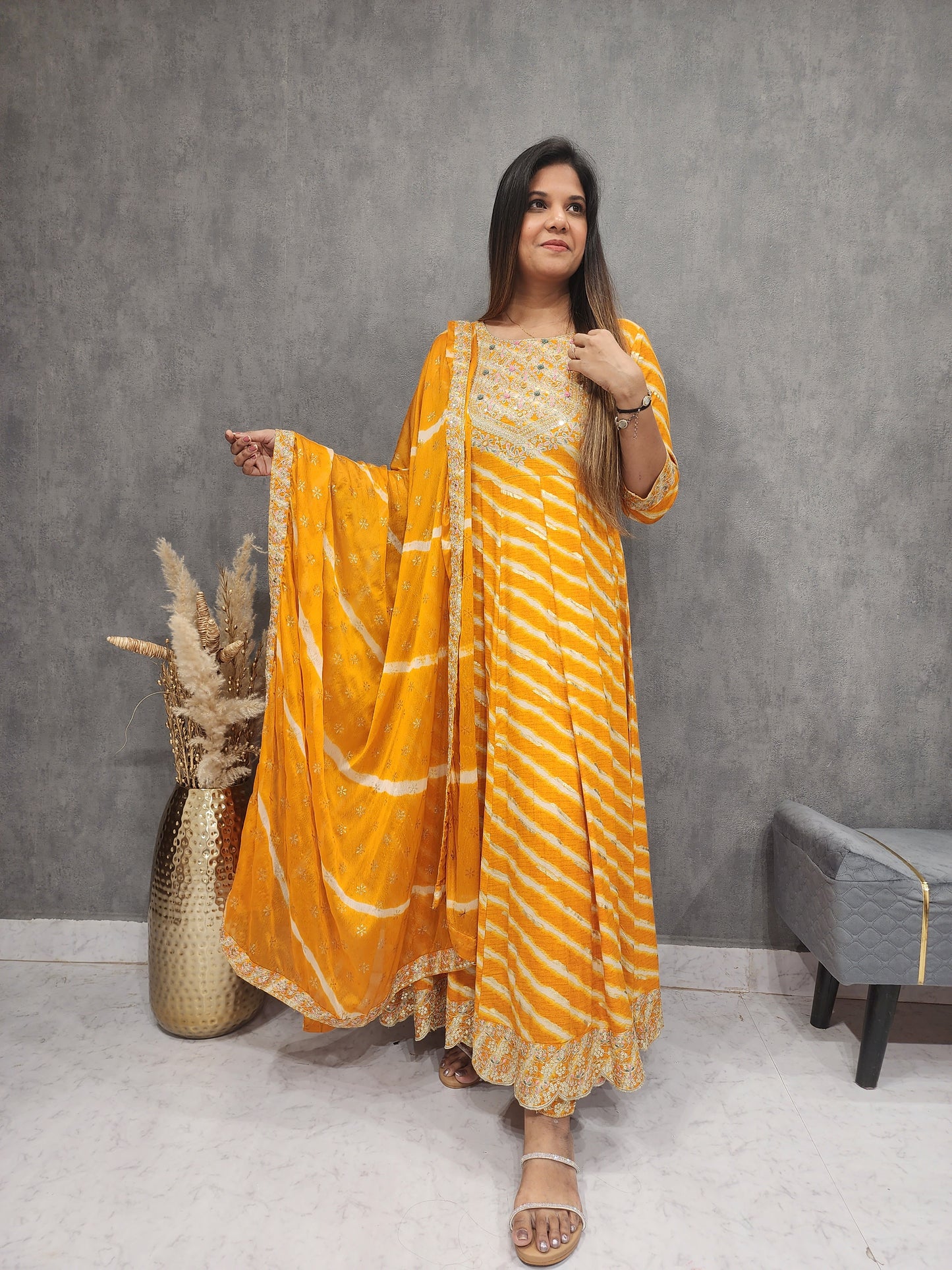 YELLOW RAJASTHANI EMBROIDED LEHERIYA ANARKALI SUIT