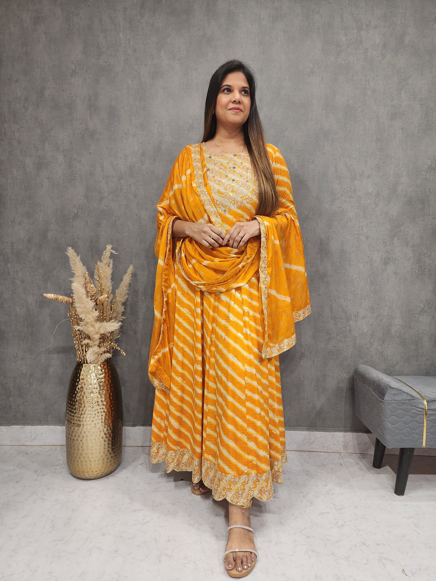 YELLOW RAJASTHANI EMBROIDED LEHERIYA ANARKALI SUIT