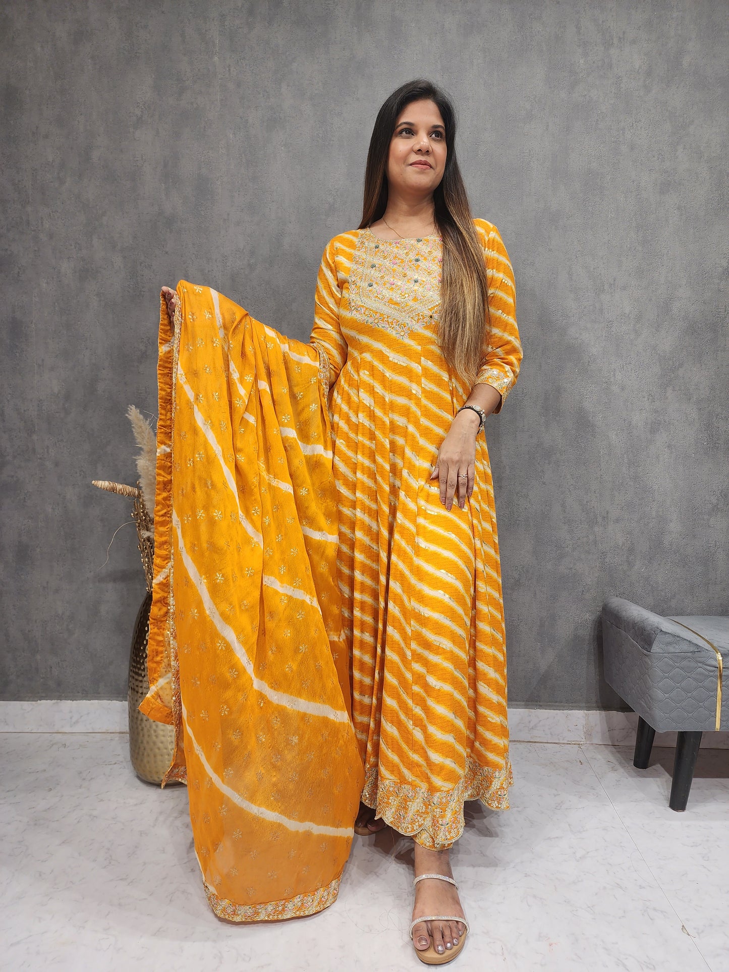 YELLOW RAJASTHANI EMBROIDED LEHERIYA ANARKALI SUIT
