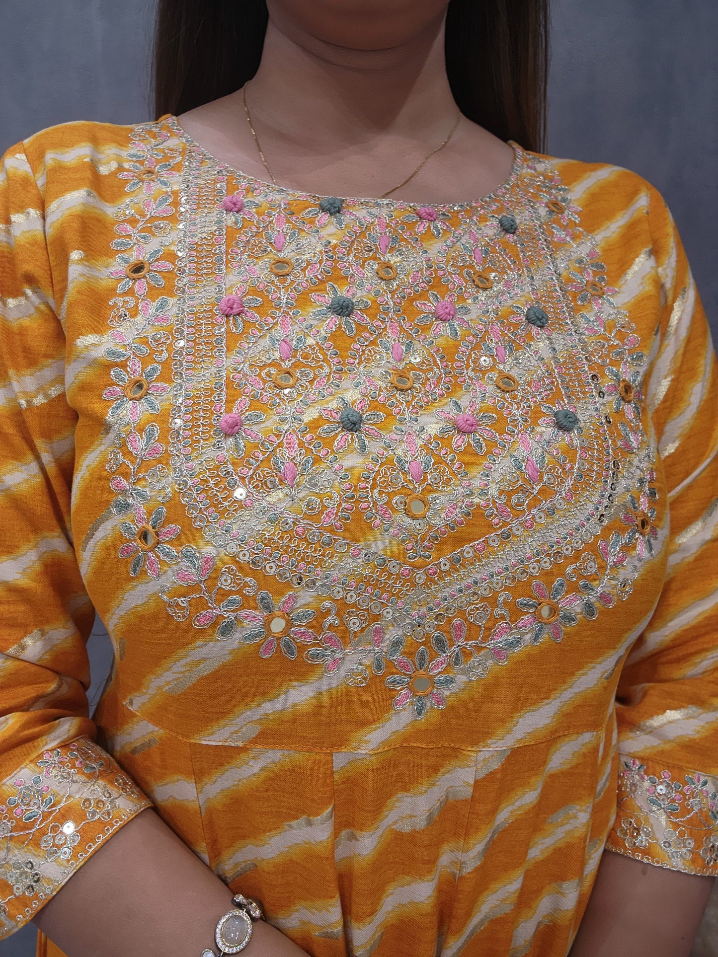 YELLOW RAJASTHANI EMBROIDED LEHERIYA ANARKALI SUIT