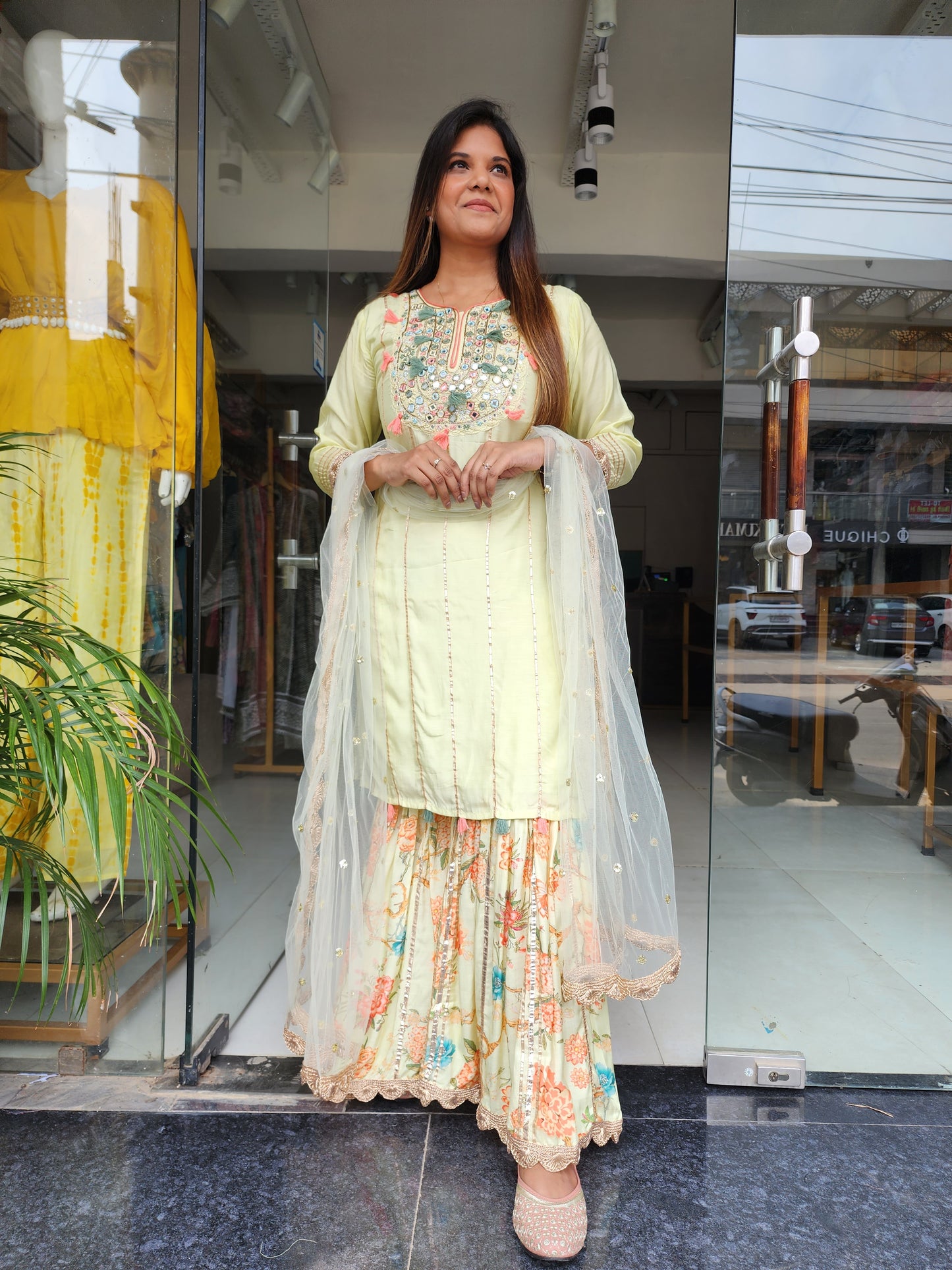 Pista green gota muslin garara set