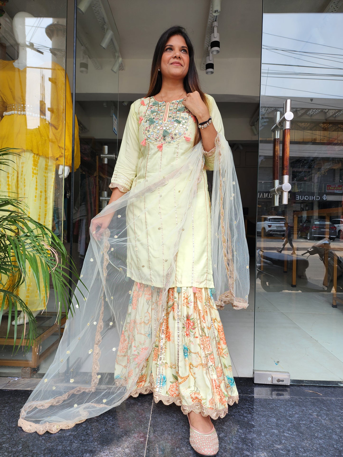 Pista green gota muslin garara set
