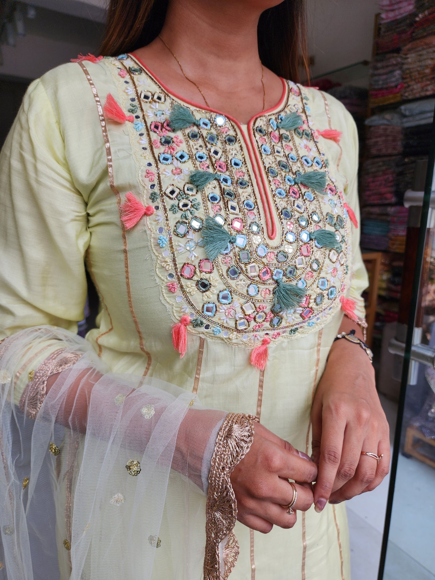 Pista green gota muslin garara set