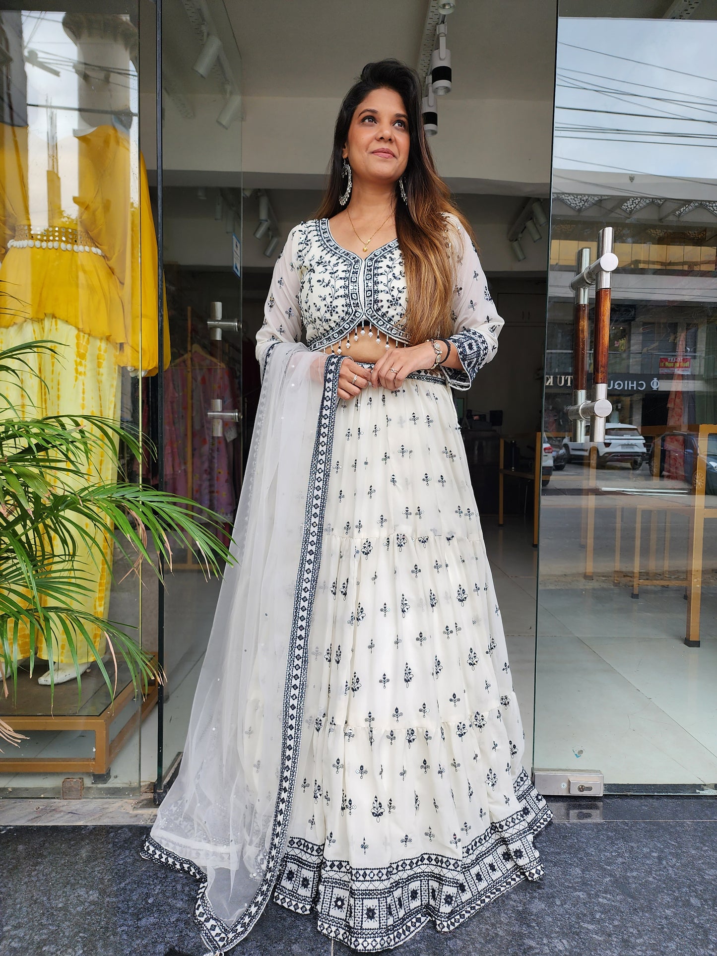 OFF-WHITE ALIA NECK EMBROIDERED LEHENGA DRESS