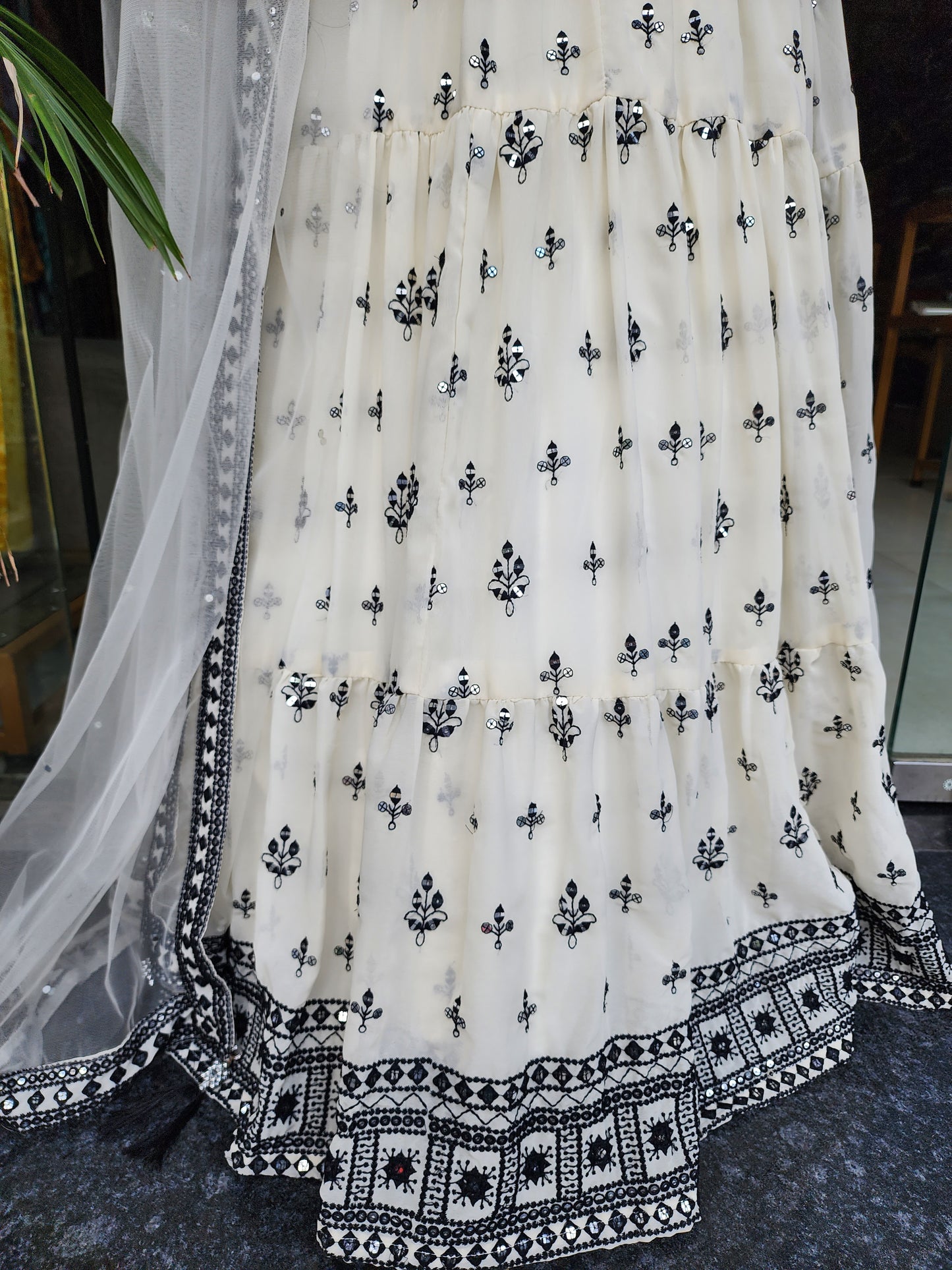 OFF-WHITE ALIA NECK EMBROIDERED LEHENGA DRESS
