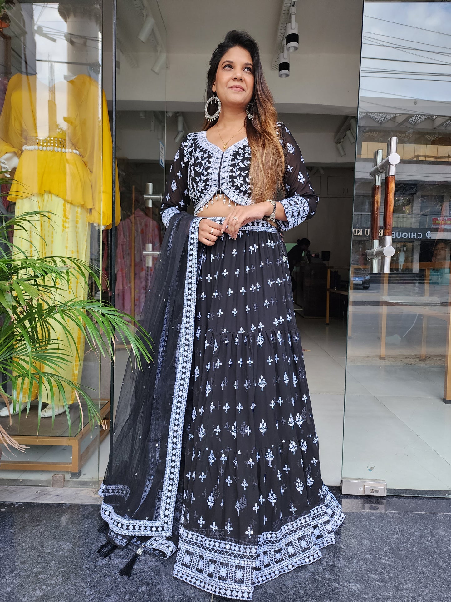 BLACK ALIA NECK EMBROIDERED LEHENGA DRESS