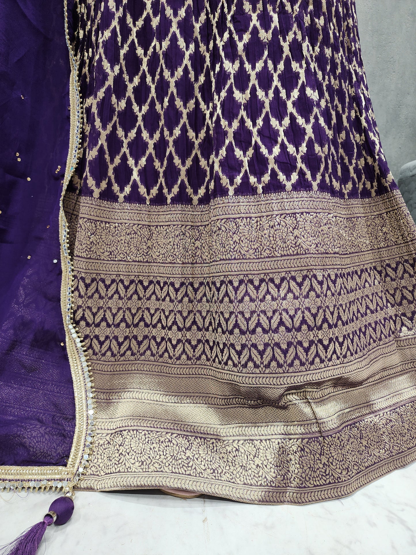 Brinjal georgette weaving lehenga with organza dupatta