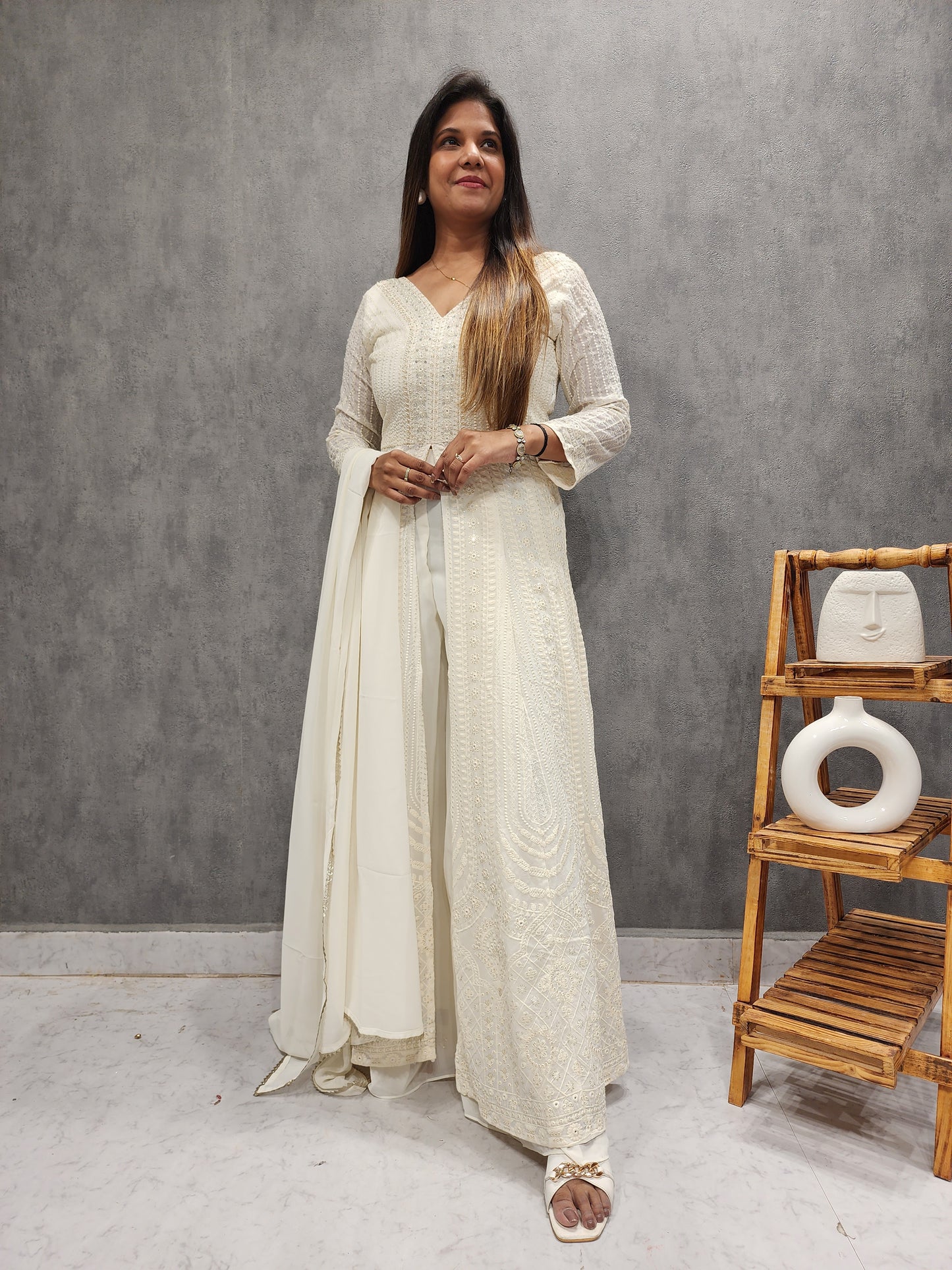 SMASH CREAM THREADWORK FRONT SLIT INDOWESTERN DRESS