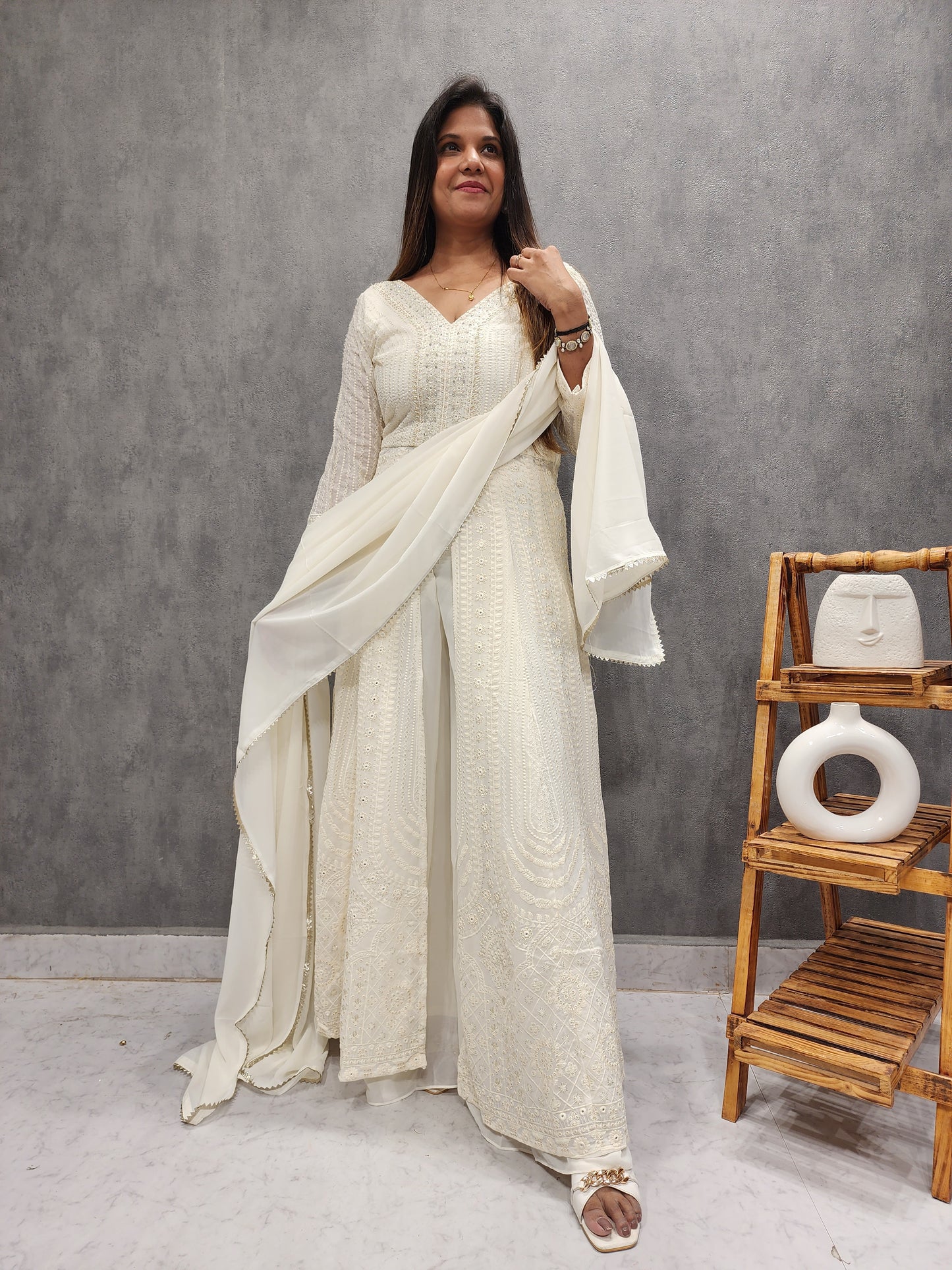 SMASH CREAM THREADWORK FRONT SLIT INDOWESTERN DRESS