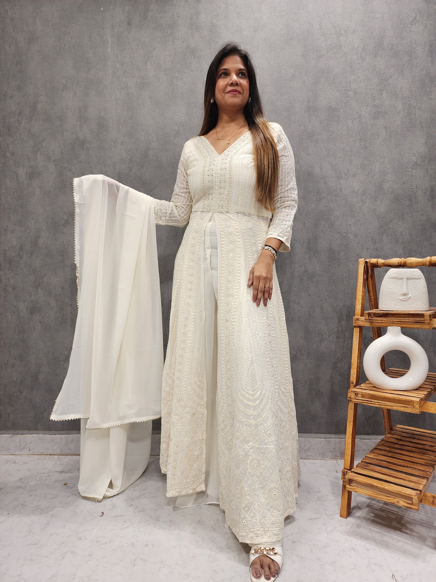 SMASH CREAM THREADWORK FRONT SLIT INDOWESTERN DRESS