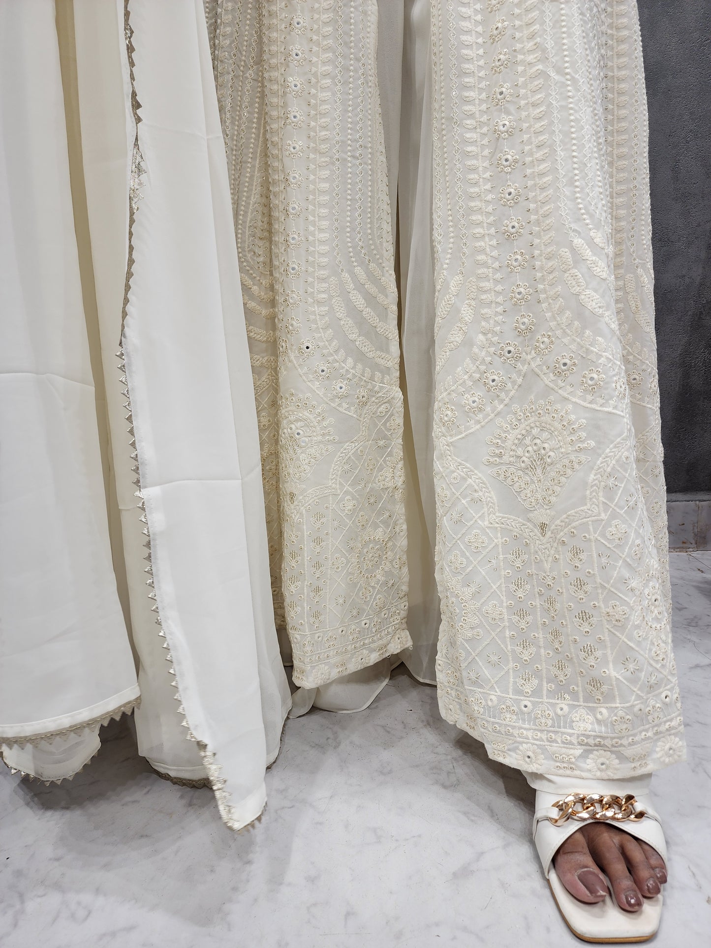 SMASH CREAM THREADWORK FRONT SLIT INDOWESTERN DRESS