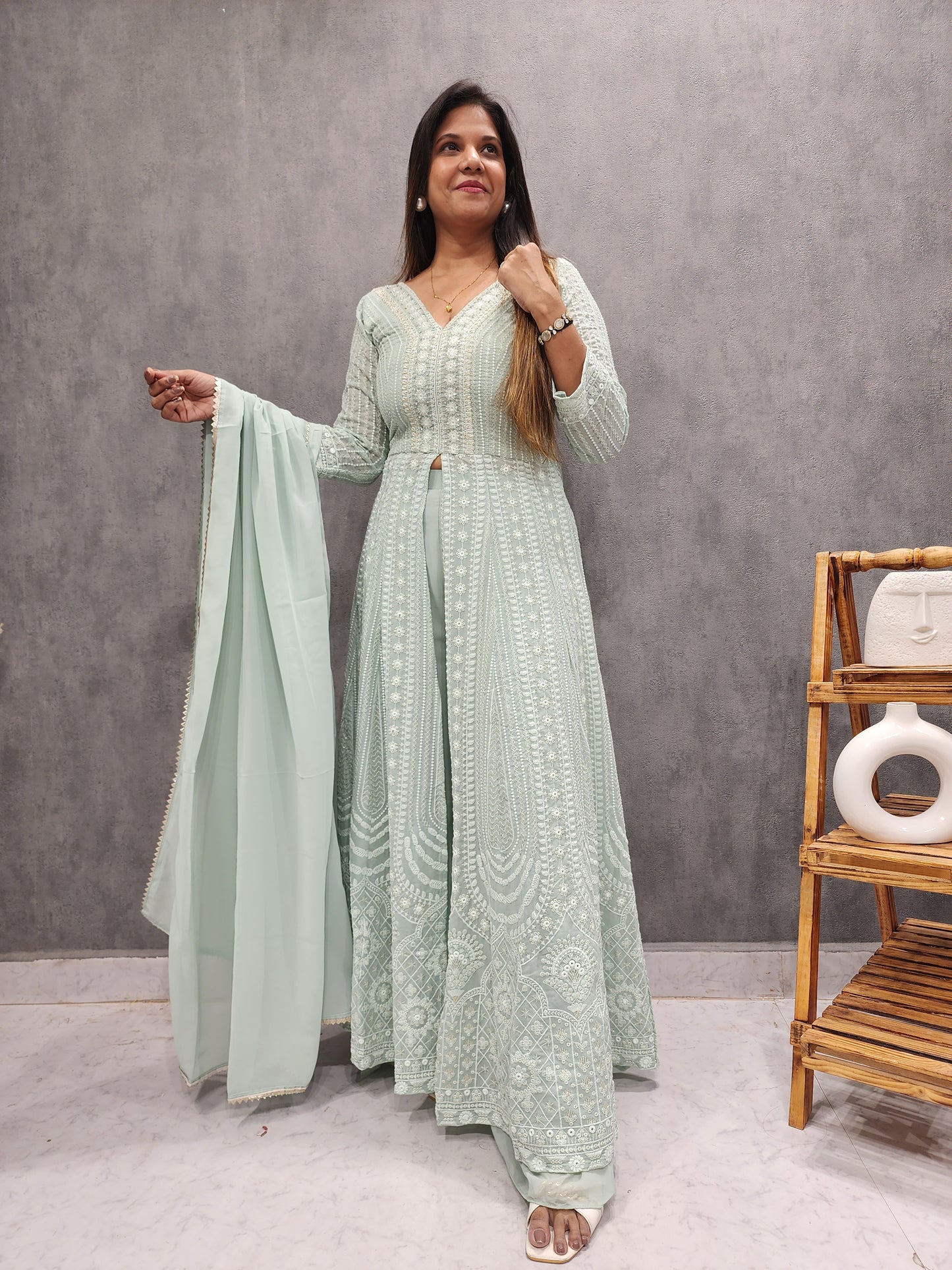 SMASH PISTA GREEN THREADWORK FRONT SLIT INDOWESTERN DRESS
