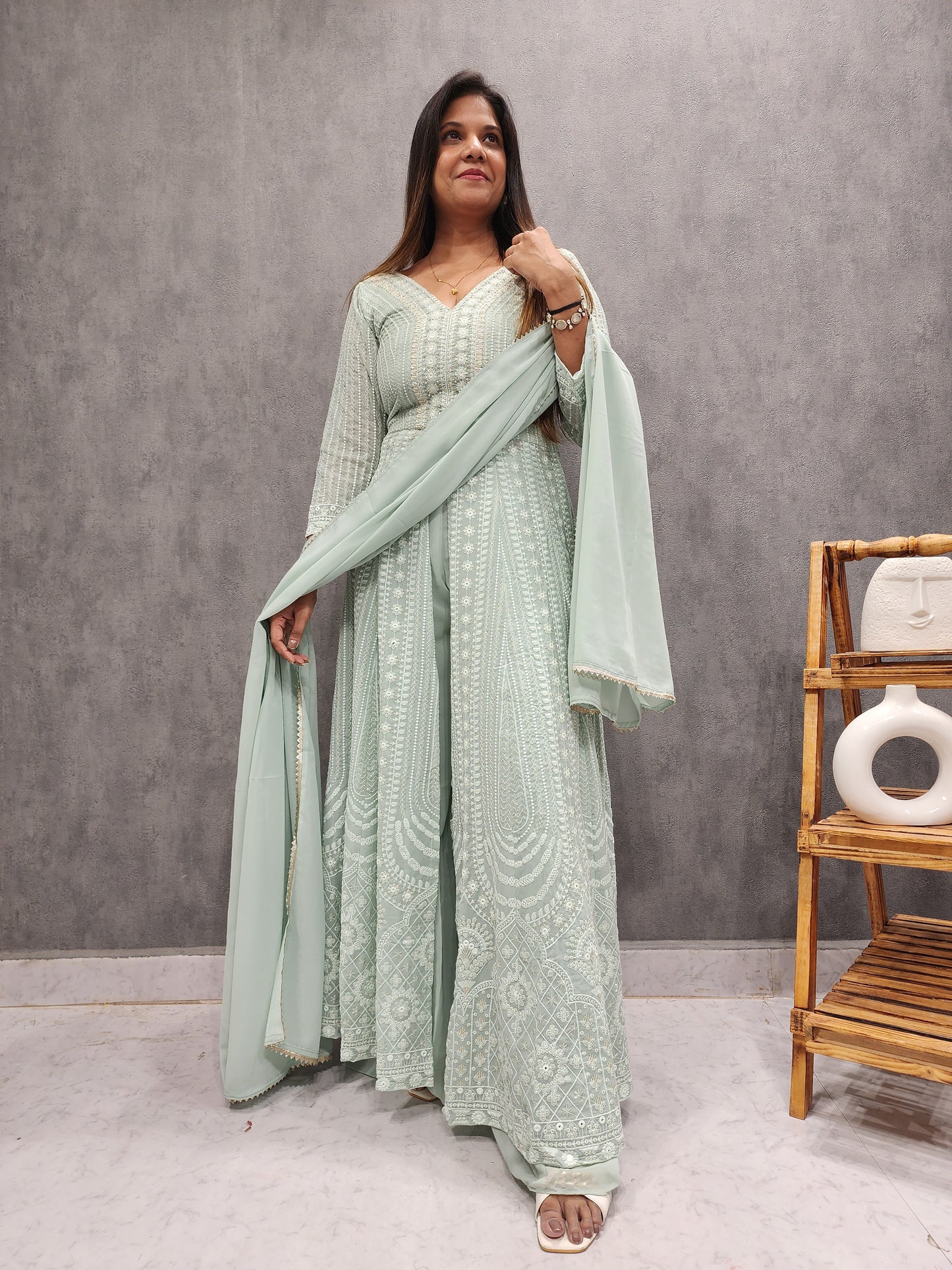SMASH PISTA GREEN THREADWORK FRONT SLIT INDOWESTERN DRESS
