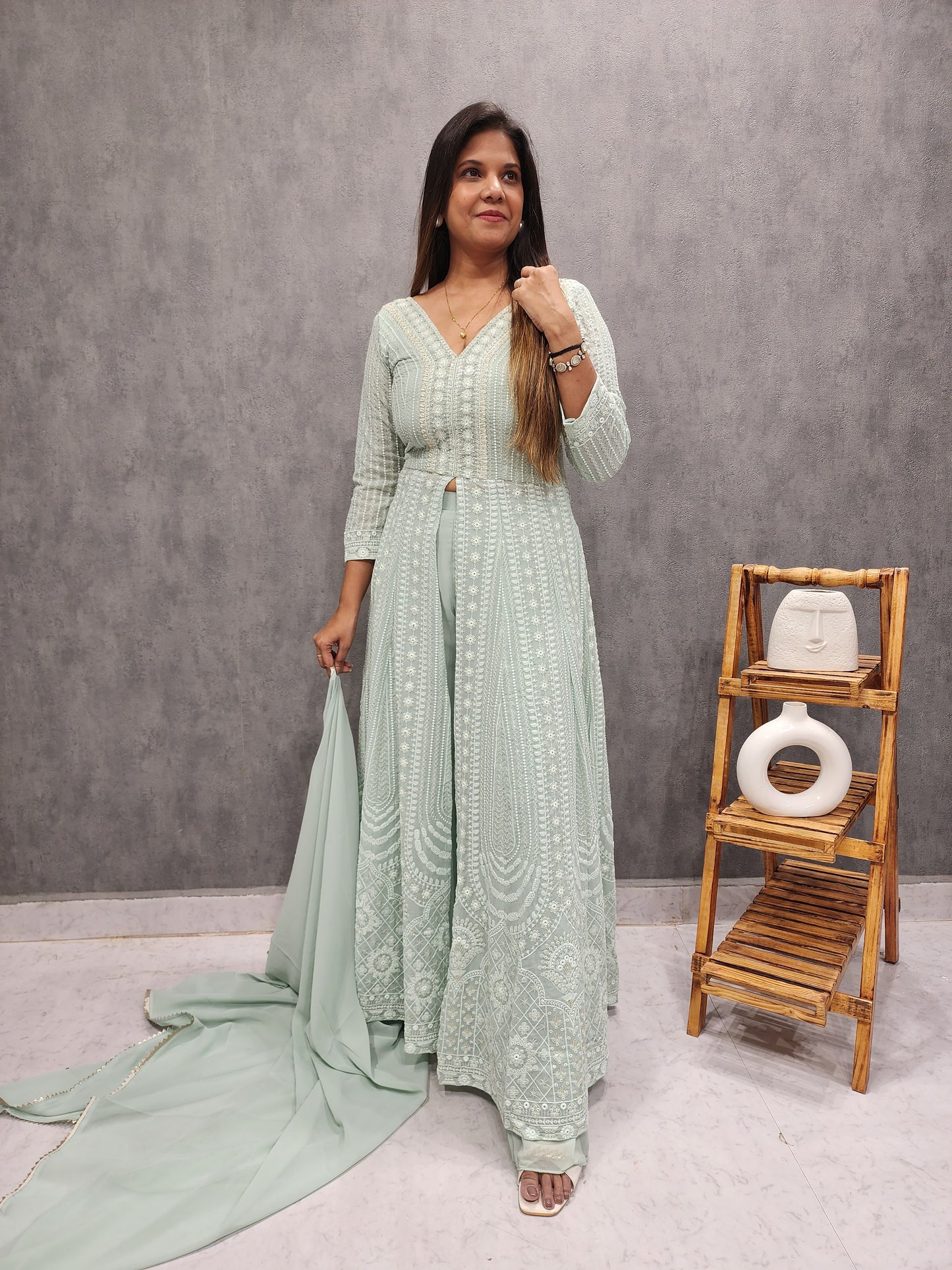 SMASH PISTA GREEN THREADWORK FRONT SLIT INDOWESTERN DRESS