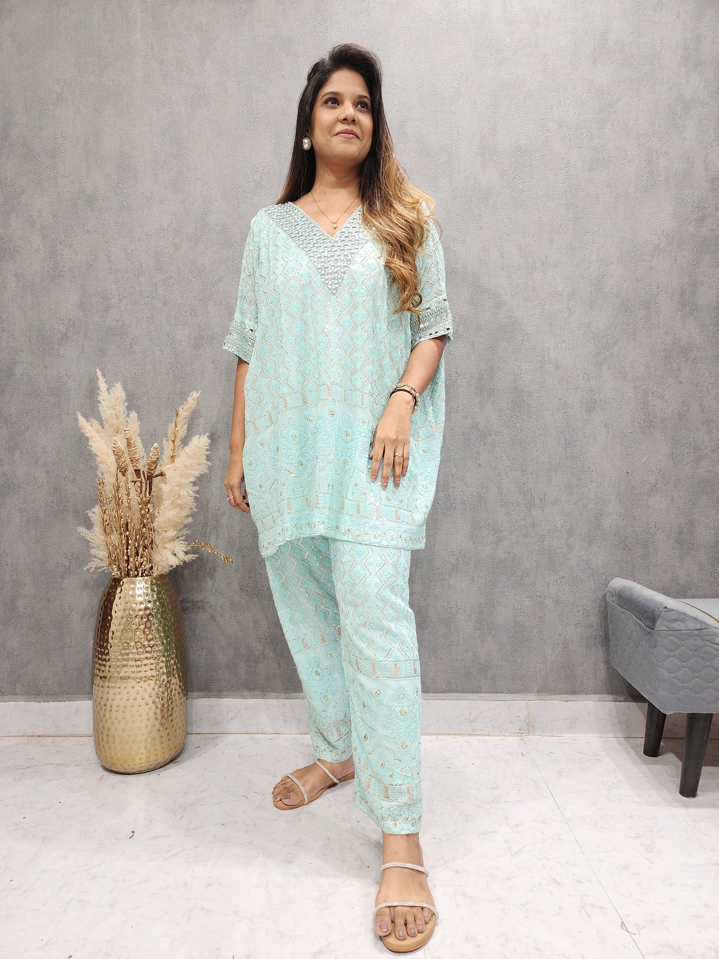 RAVISHING SKY BLUE CHICKENKARI KAFTAAN CO-ORD SET