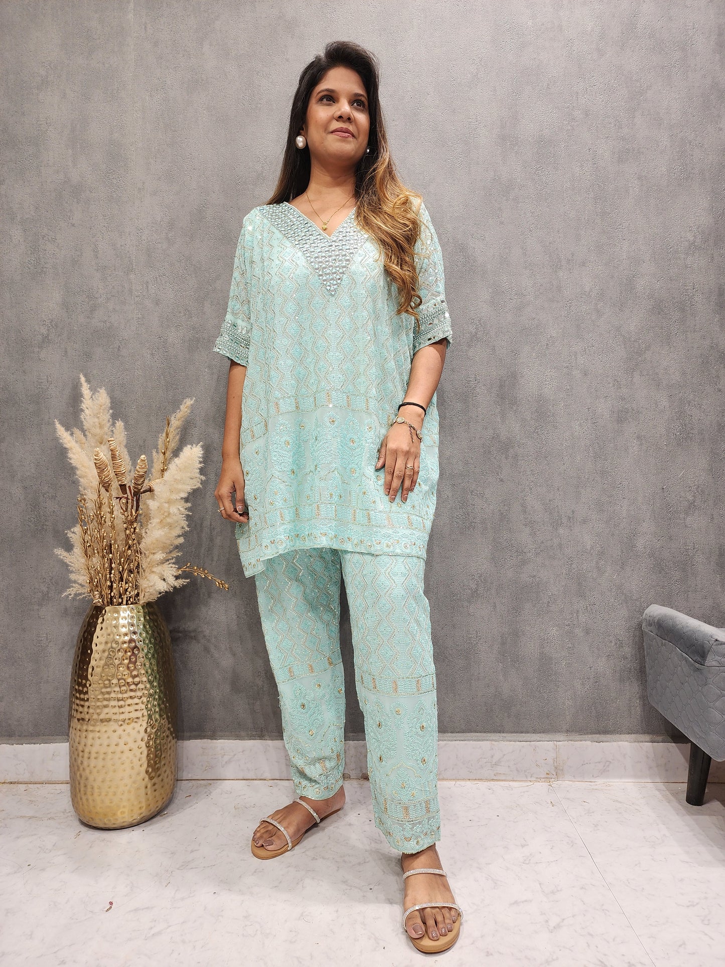 RAVISHING SKY BLUE CHICKENKARI KAFTAAN CO-ORD SET