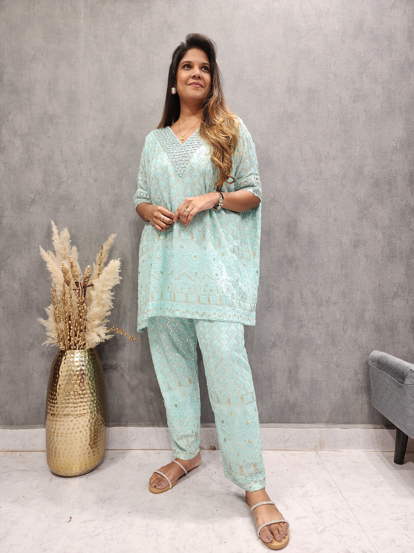 RAVISHING SKY BLUE CHICKENKARI KAFTAAN CO-ORD SET