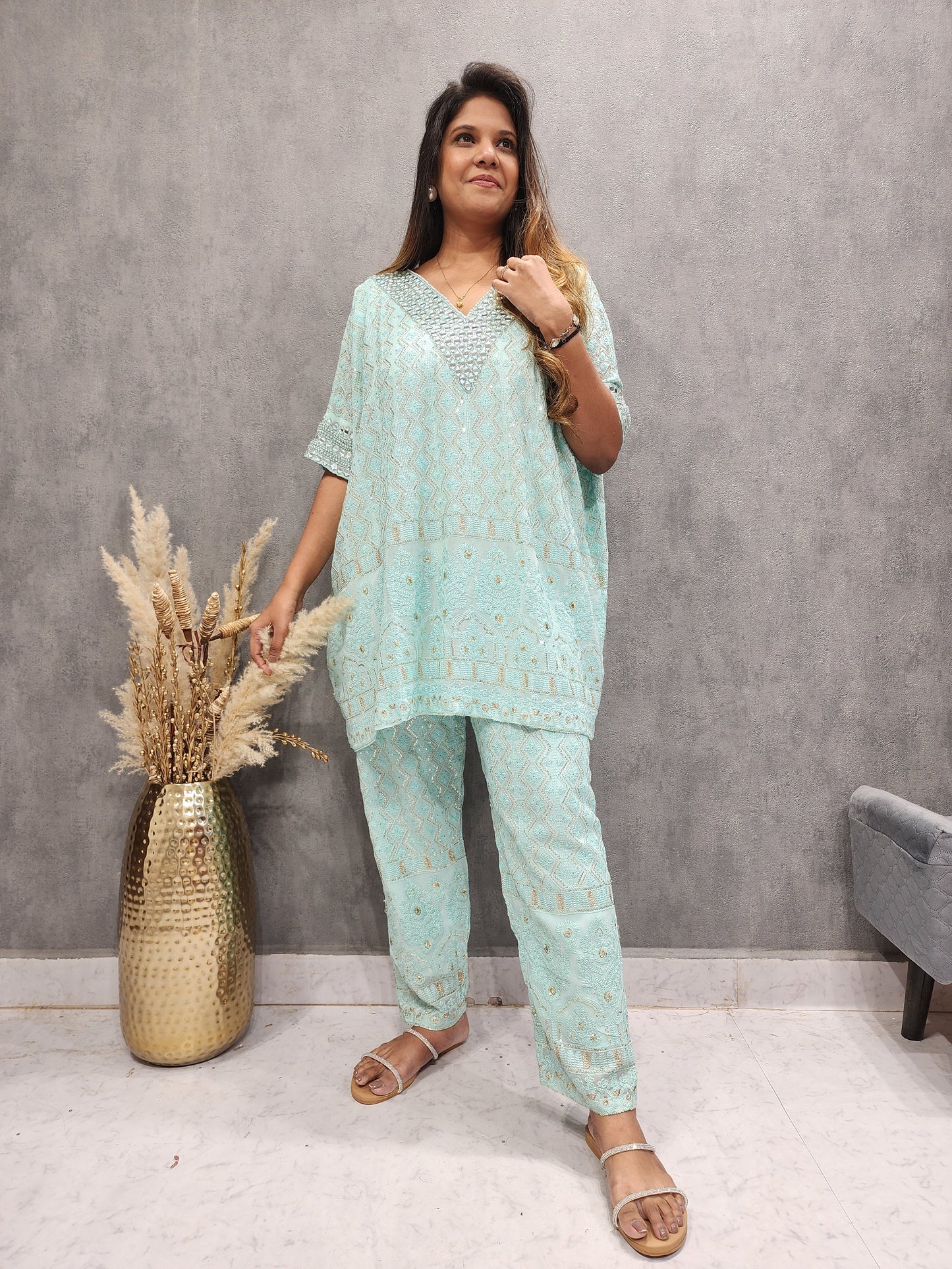 RAVISHING SKY BLUE CHICKENKARI KAFTAAN CO-ORD SET