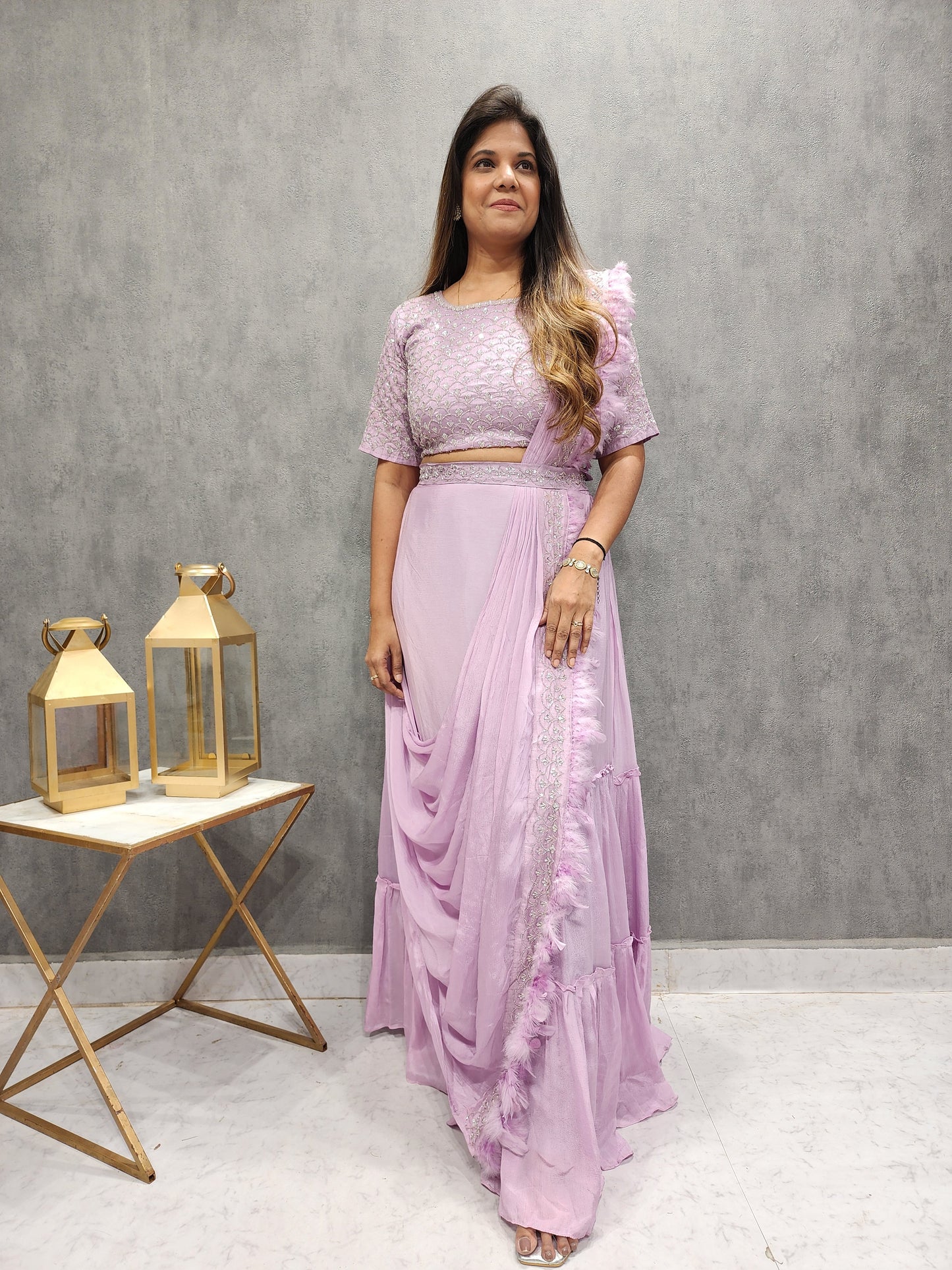 ONION FEATHER EMBROIDED DRAPE SAREE WITH BELT