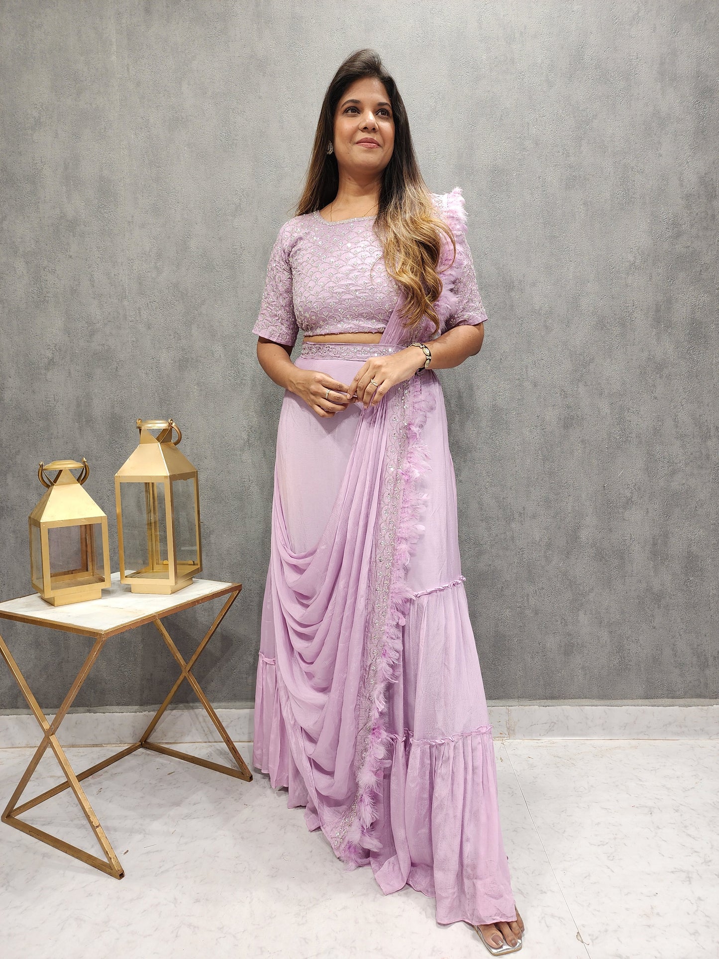 ONION FEATHER EMBROIDED DRAPE SAREE WITH BELT