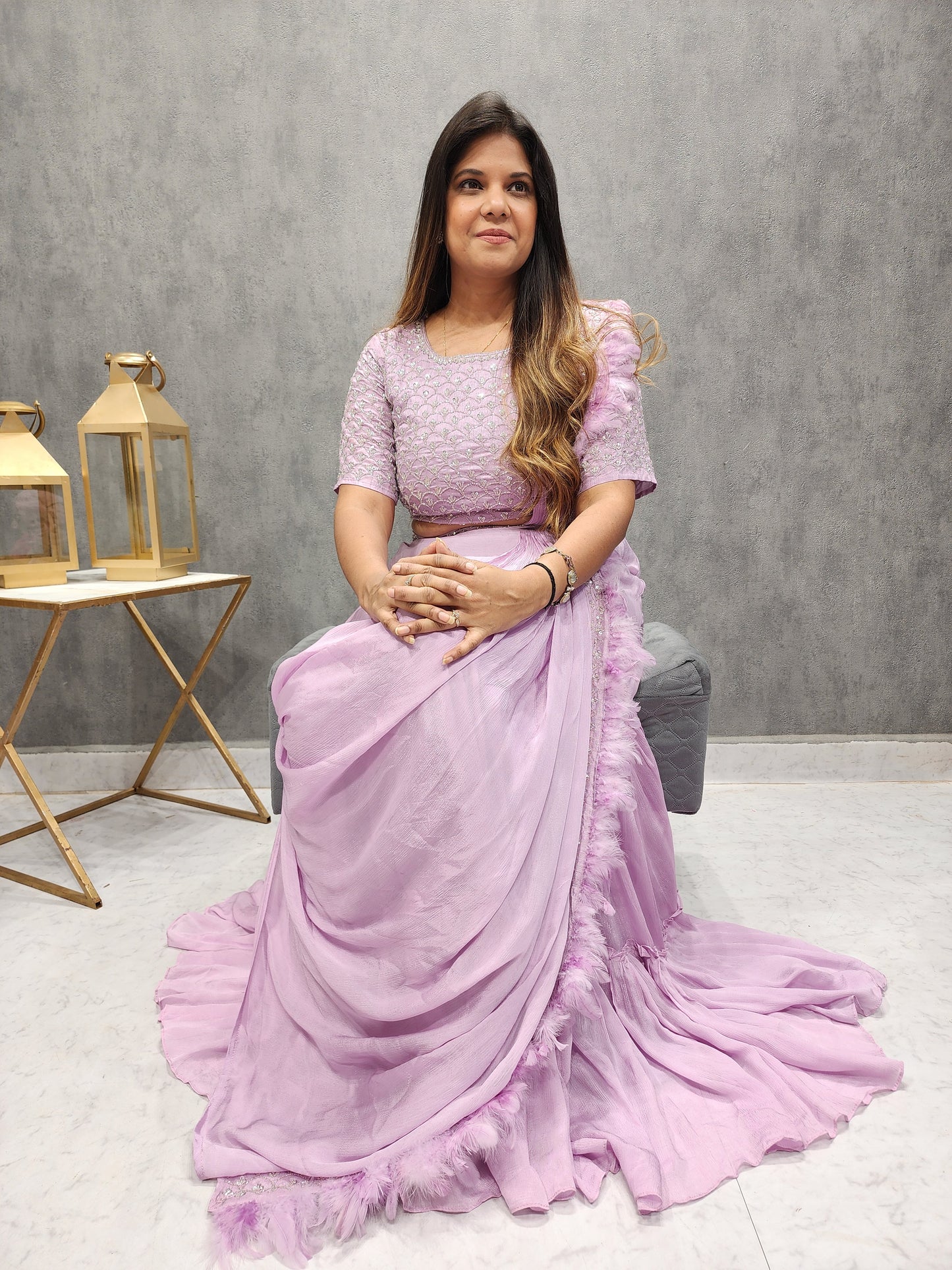 ONION FEATHER EMBROIDED DRAPE SAREE WITH BELT