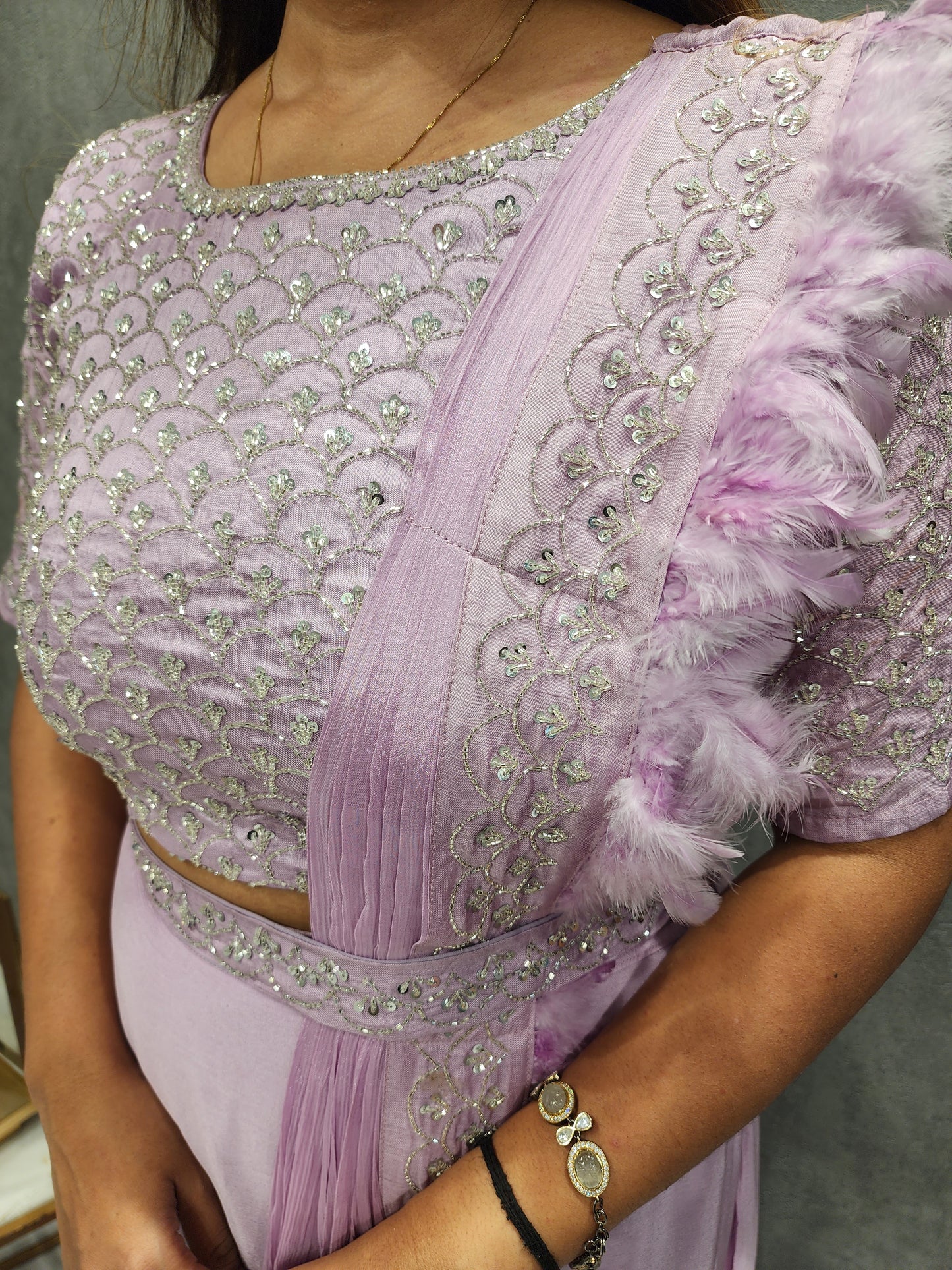 ONION FEATHER EMBROIDED DRAPE SAREE WITH BELT