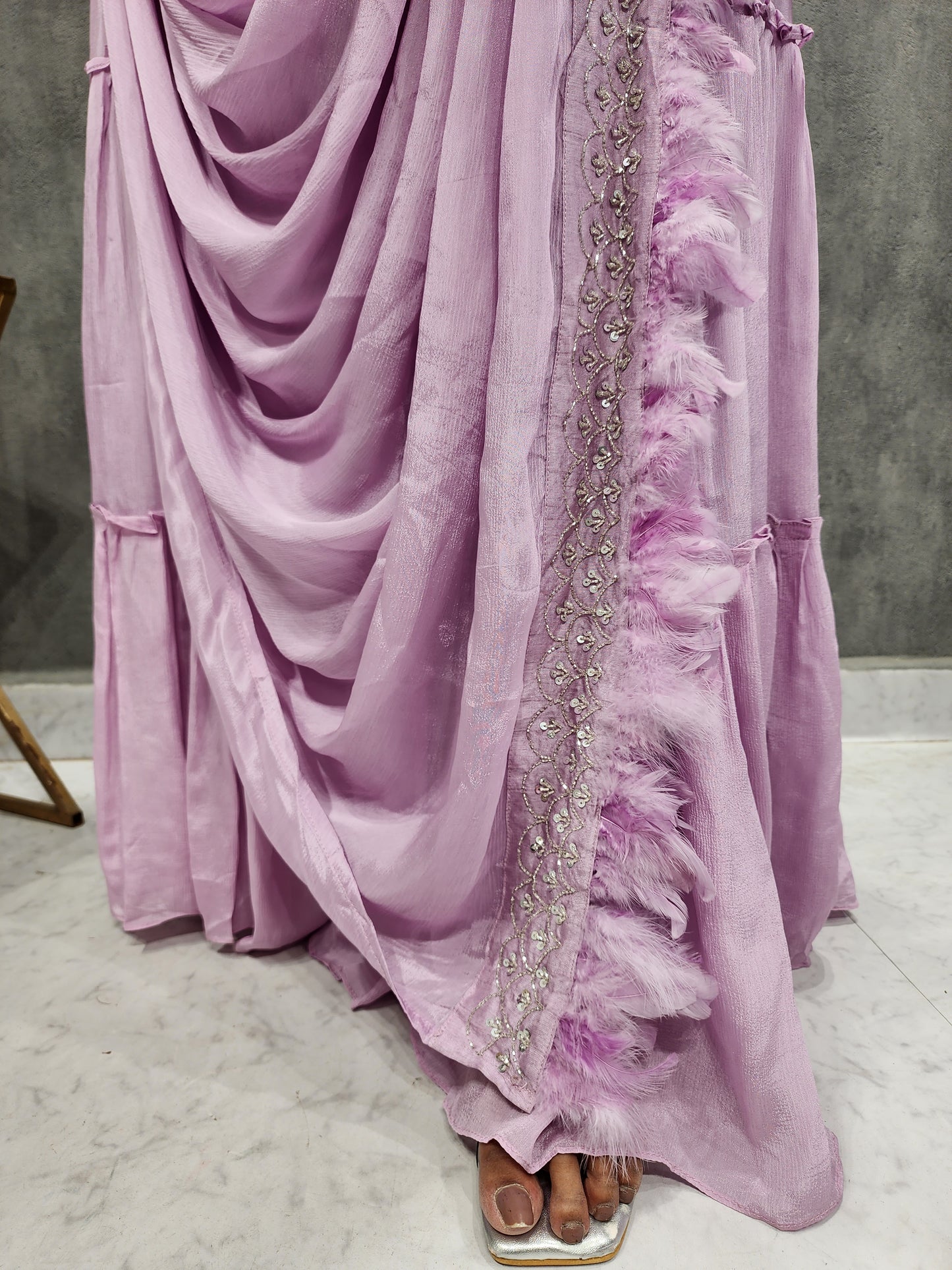ONION FEATHER EMBROIDED DRAPE SAREE WITH BELT