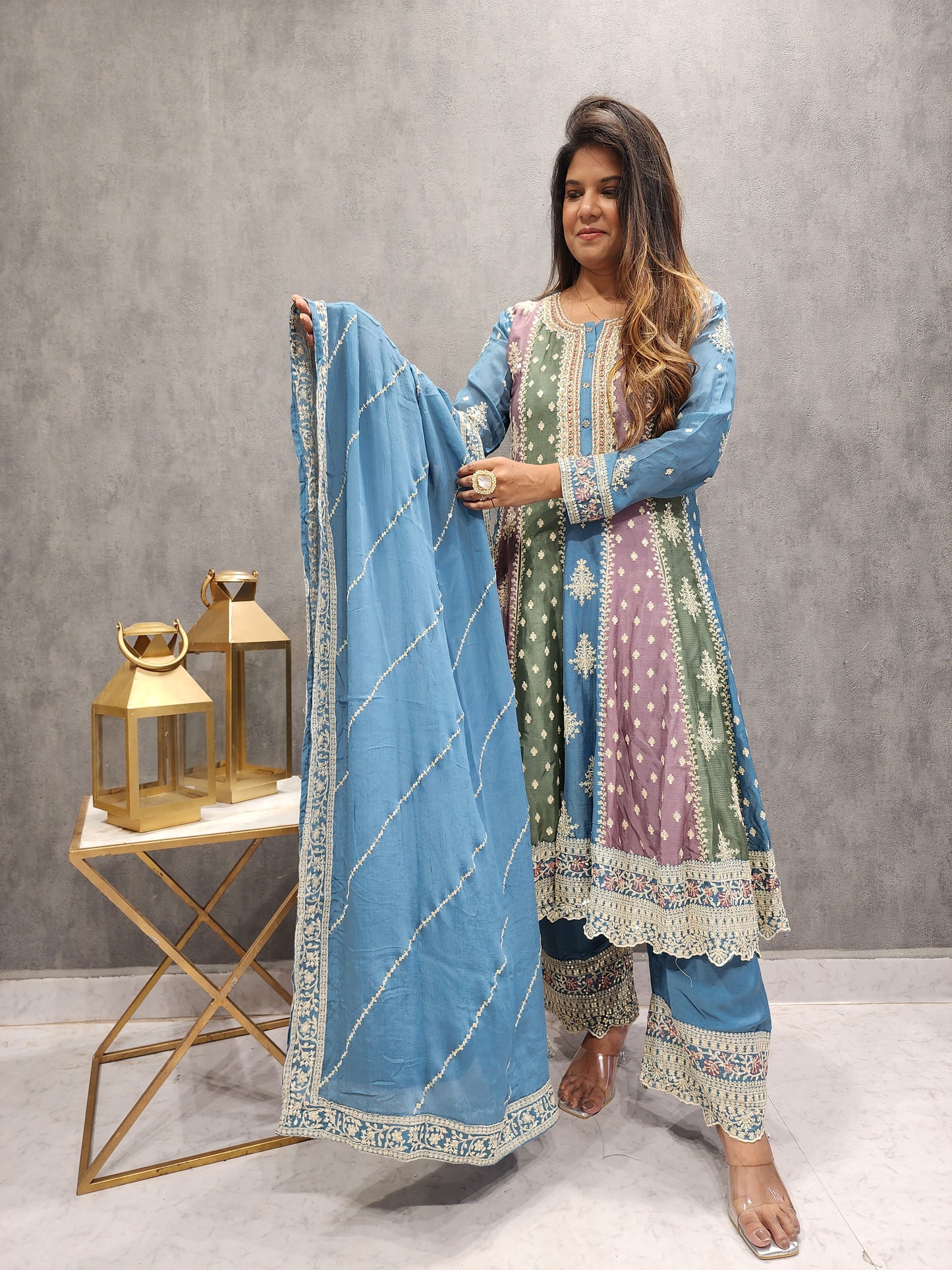 MEHER MULTI COLOUR POWDER BLUE ANARKALI SUIT