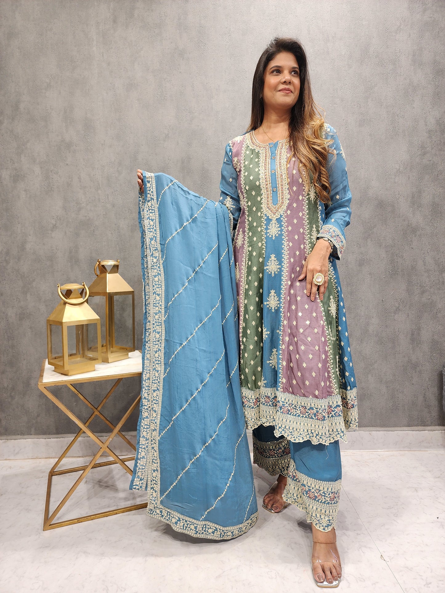 MEHER MULTI COLOUR POWDER BLUE ANARKALI SUIT