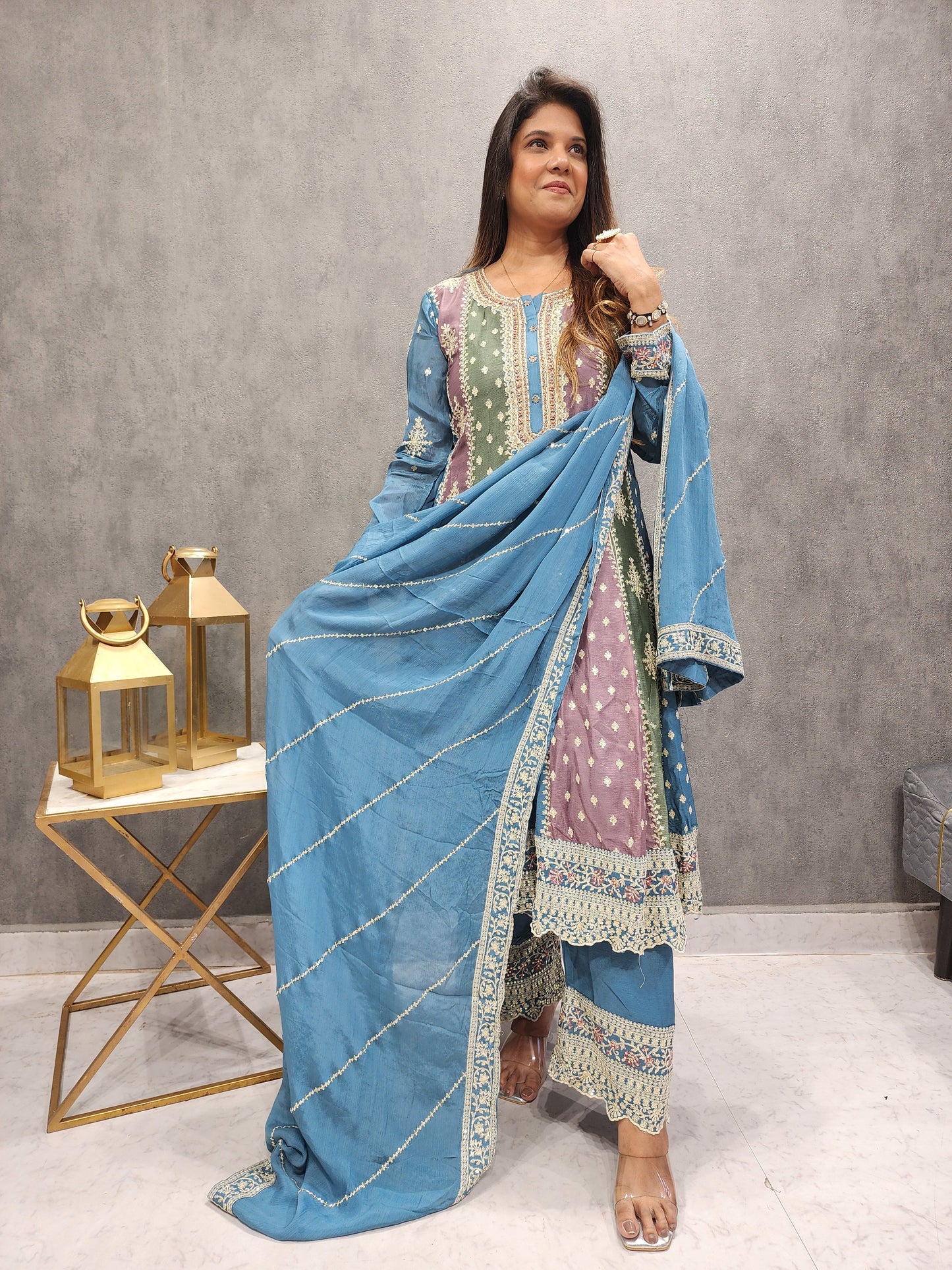 MEHER MULTI COLOUR POWDER BLUE ANARKALI SUIT