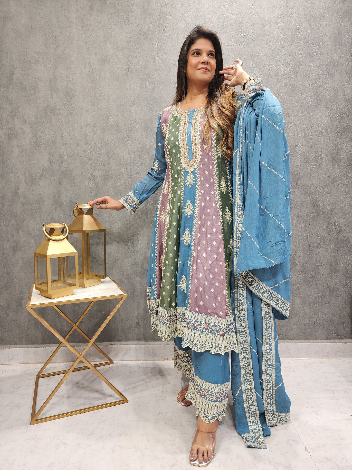 MEHER MULTI COLOUR POWDER BLUE ANARKALI SUIT