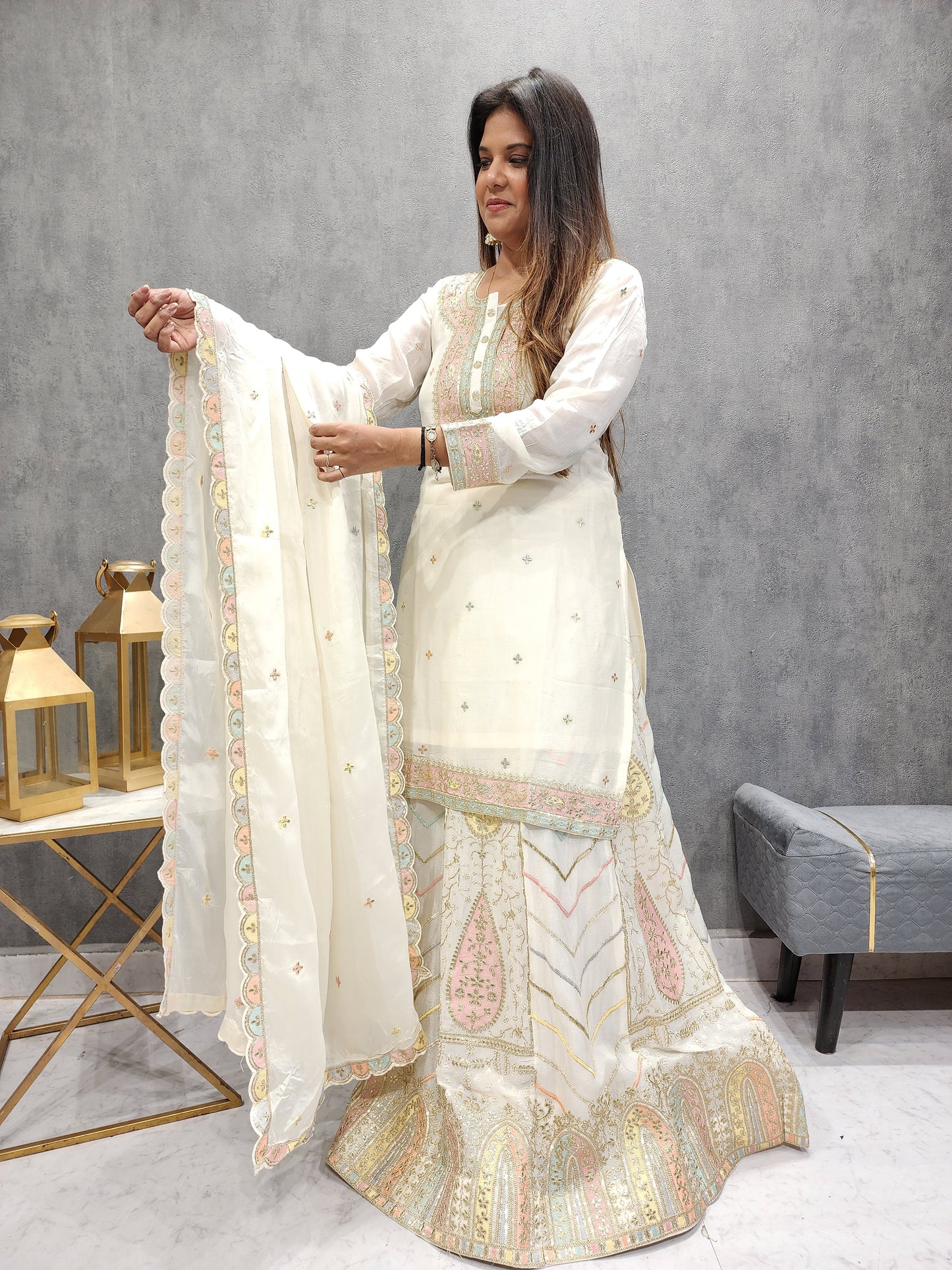 MANNAT OFF-WHITE EMBROIDED SKIRT WITH LONG KURTI AND DUPATTA