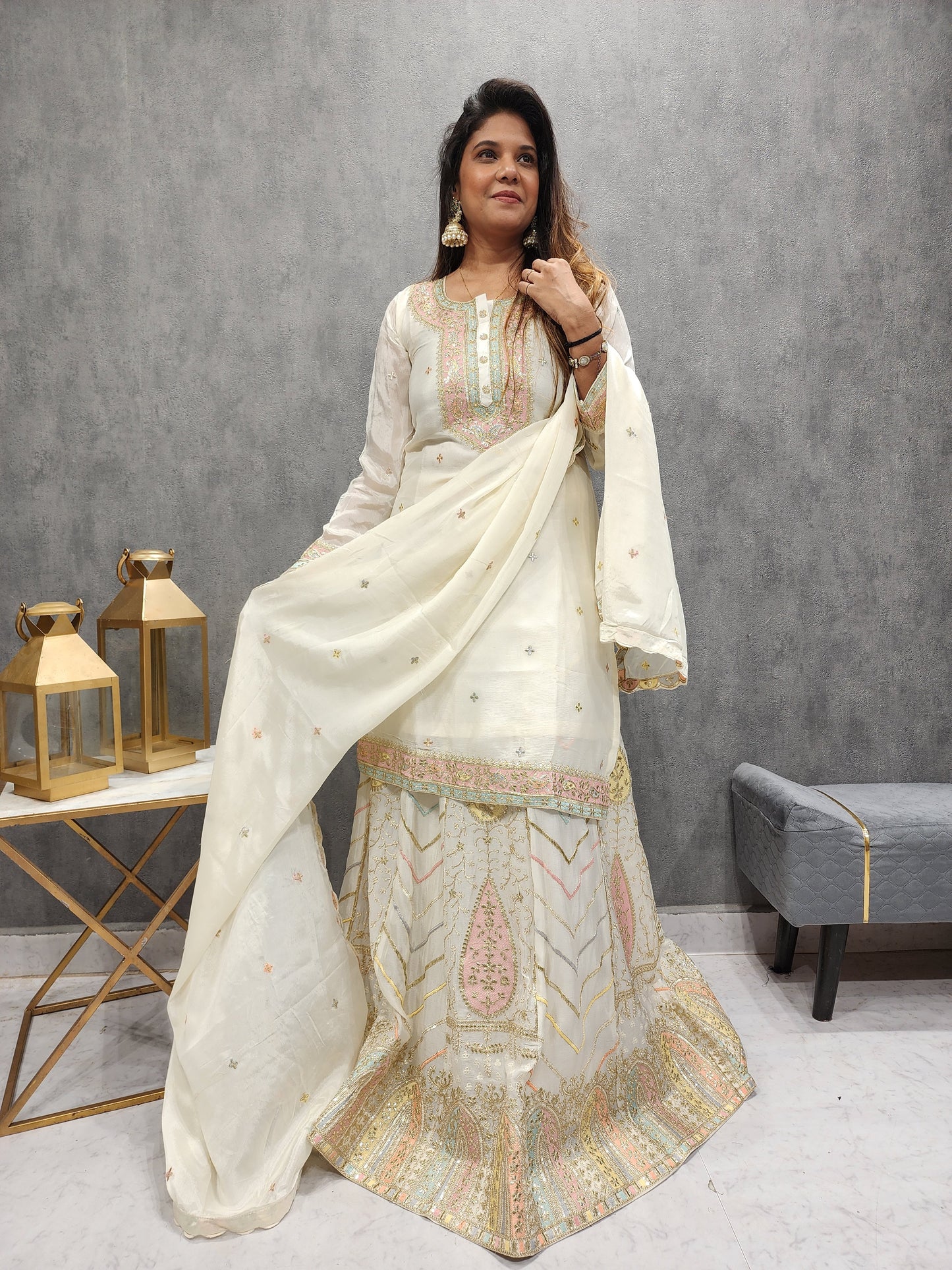 MANNAT OFF-WHITE EMBROIDED SKIRT WITH LONG KURTI AND DUPATTA