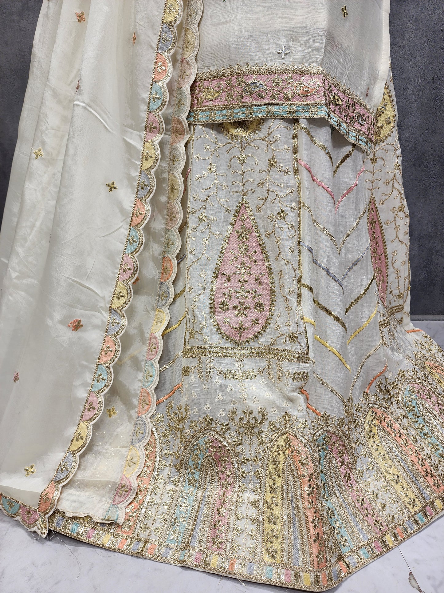 MANNAT OFF-WHITE EMBROIDED SKIRT WITH LONG KURTI AND DUPATTA