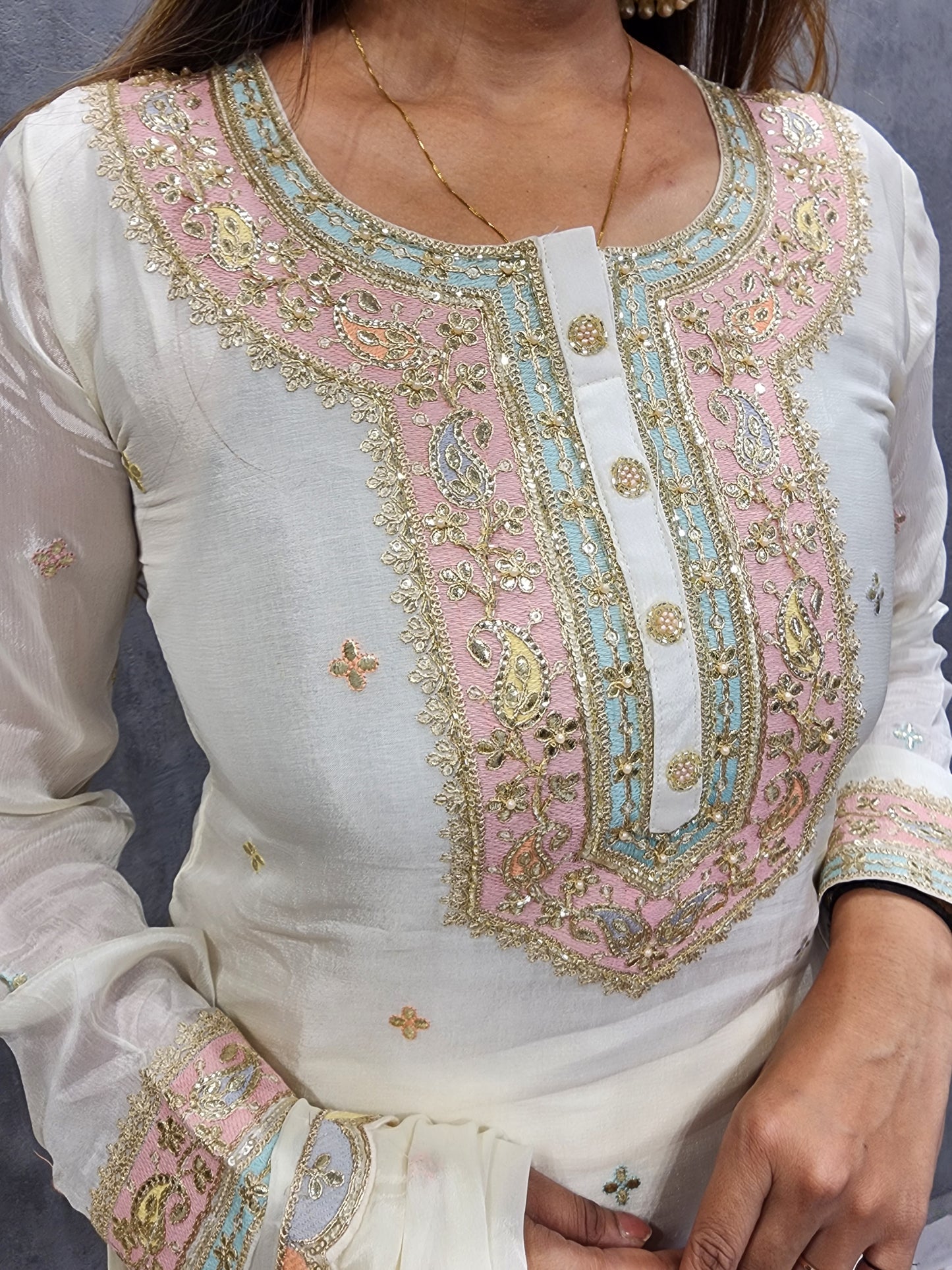 MANNAT OFF-WHITE EMBROIDED SKIRT WITH LONG KURTI AND DUPATTA
