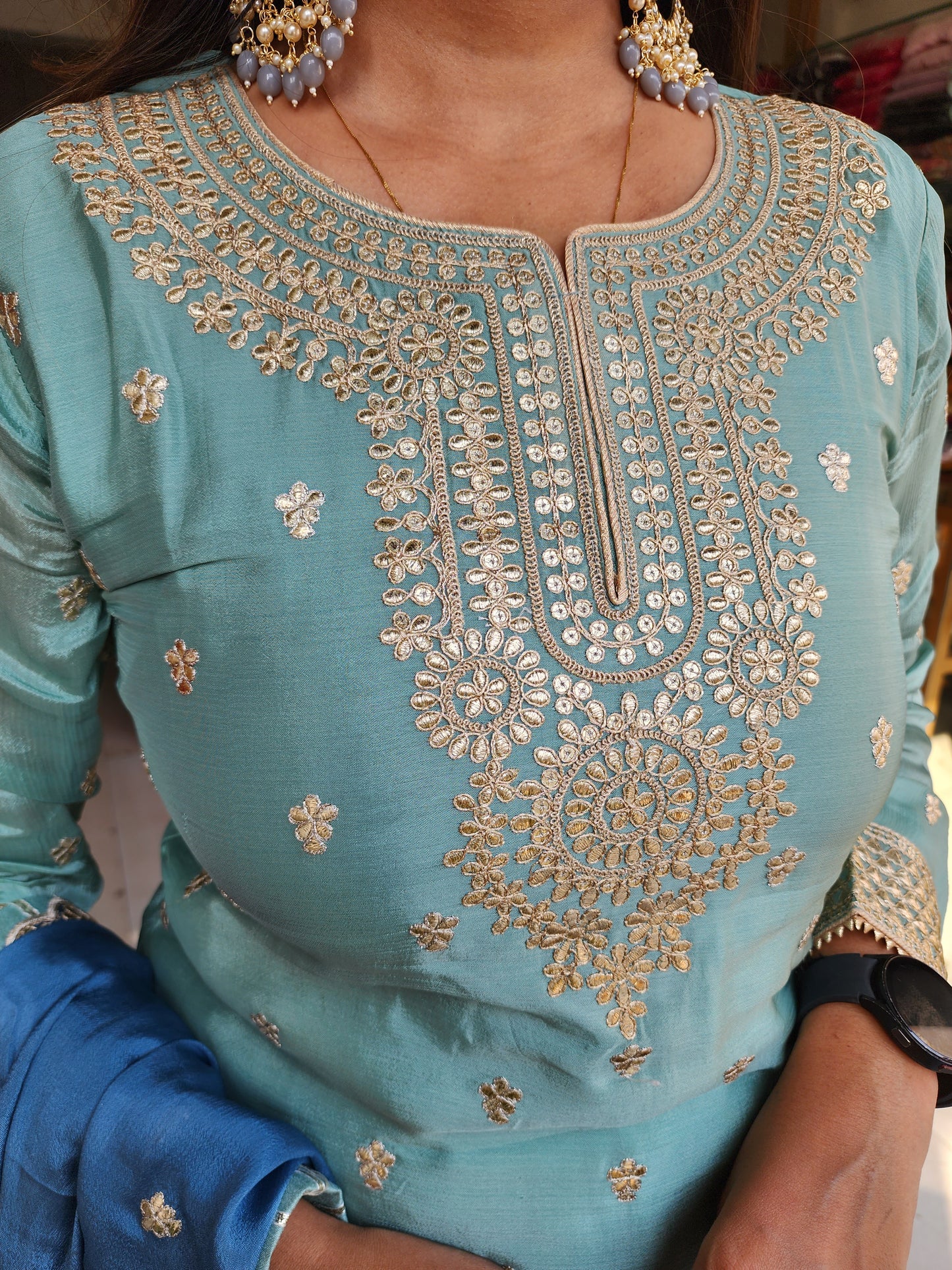 MEHER SHADES OF BLUE EMBROIDED 3PC INDOWESTERN SKIRT DRESS