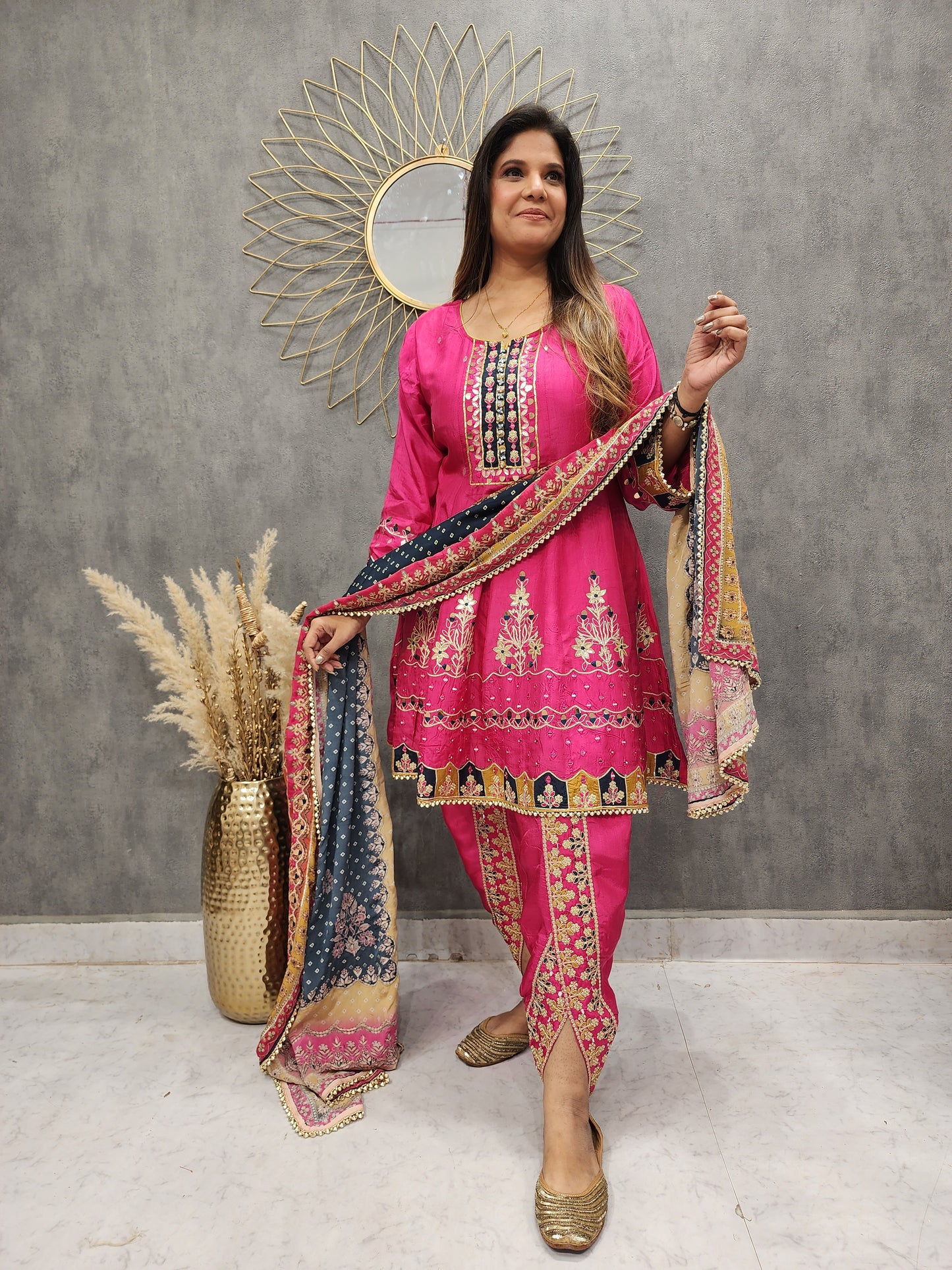 PINK SHORT ANARKALI WITH TULIP PANT & DIGITAL PRINT DUPATTA