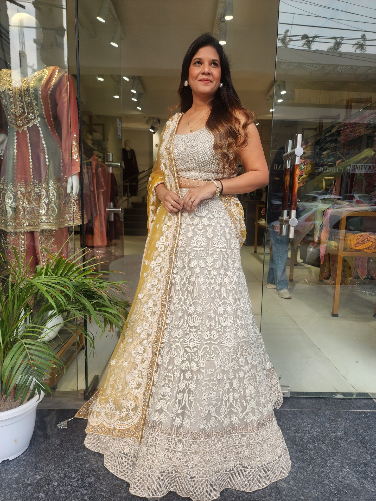 KIARA OFF WHITE THREADWORK LEHENGA WITH YELLOW DUPATTA