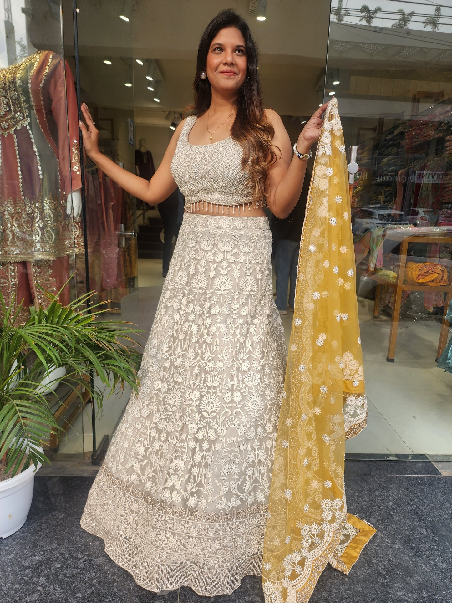KIARA OFF WHITE THREADWORK LEHENGA WITH YELLOW DUPATTA