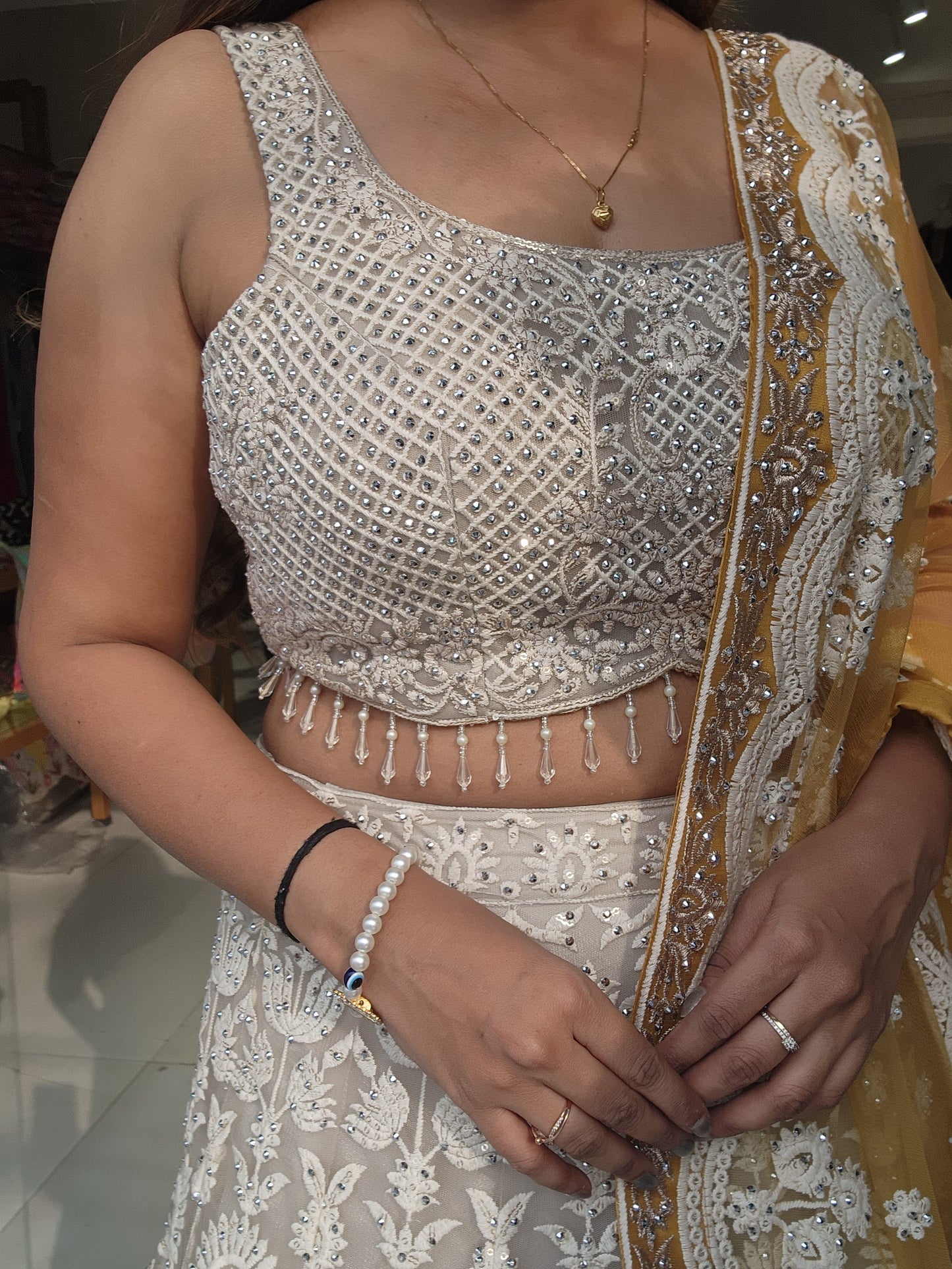 KIARA OFF WHITE THREADWORK LEHENGA WITH YELLOW DUPATTA