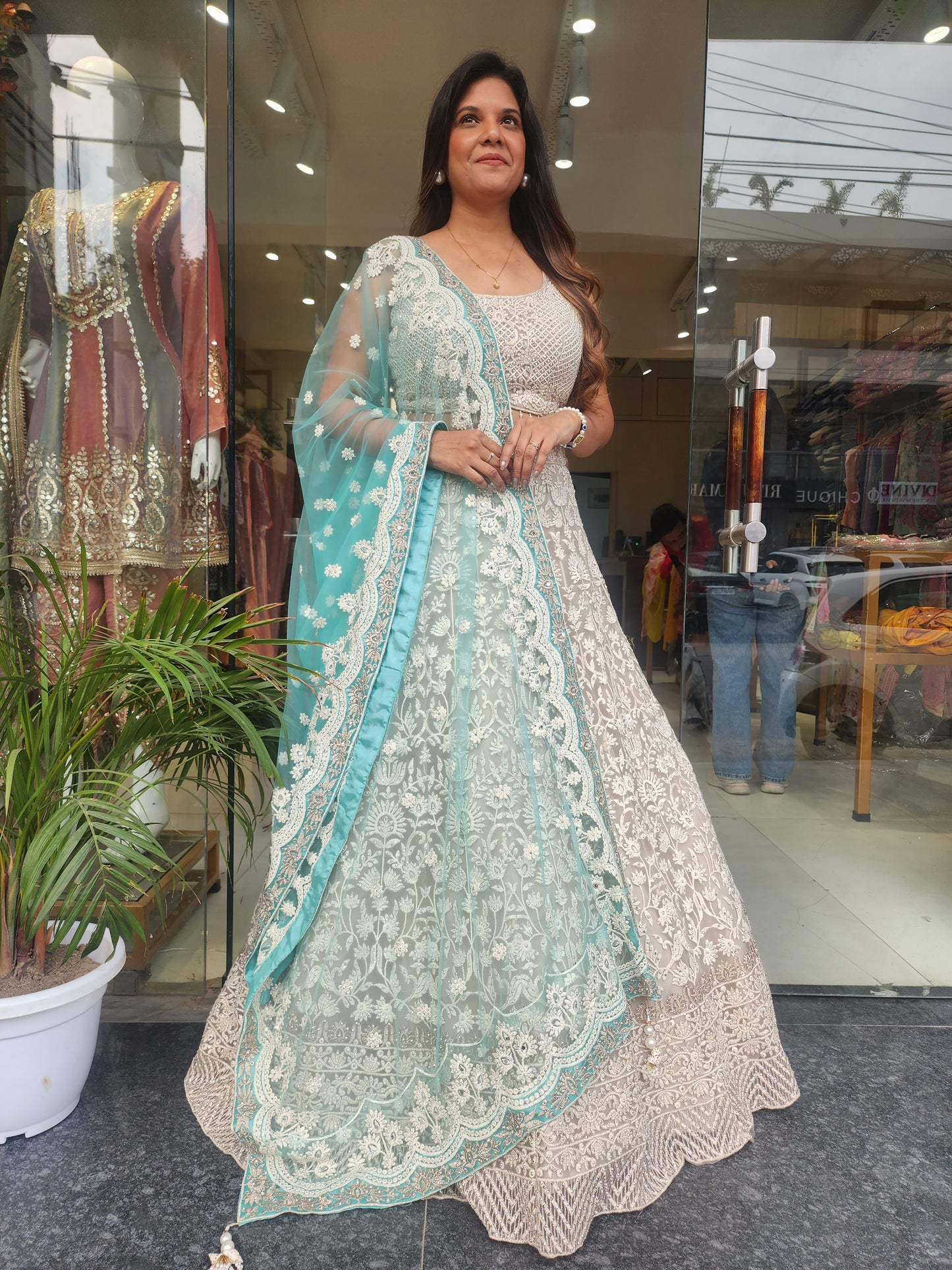 KIARA OFF WHITE THREADWORK LEHENGA WITH SEA GREEN DUPATTA