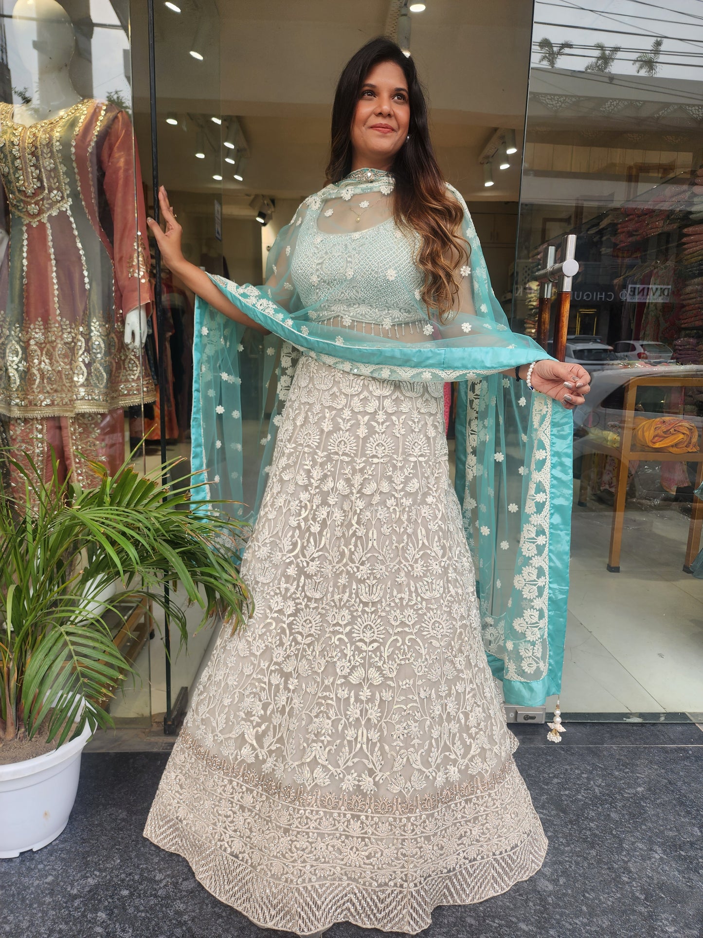 KIARA OFF WHITE THREADWORK LEHENGA WITH SEA GREEN DUPATTA
