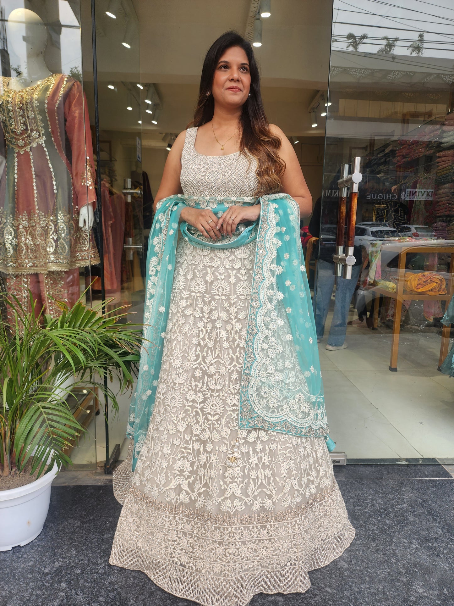 KIARA OFF WHITE THREADWORK LEHENGA WITH SEA GREEN DUPATTA