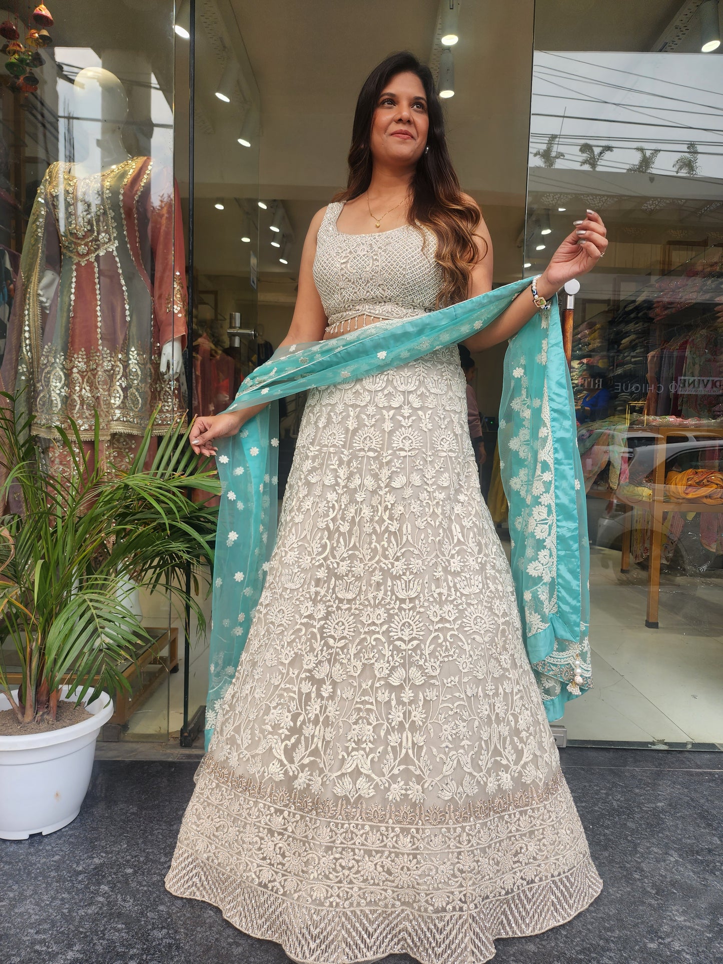 KIARA OFF WHITE THREADWORK LEHENGA WITH SEA GREEN DUPATTA