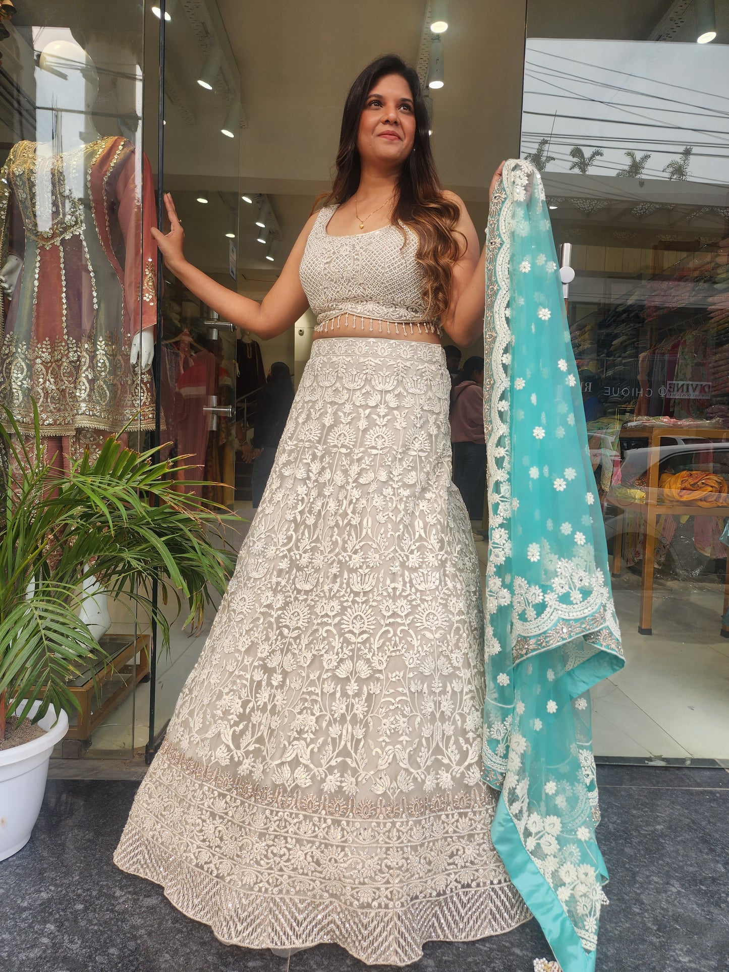KIARA OFF WHITE THREADWORK LEHENGA WITH SEA GREEN DUPATTA