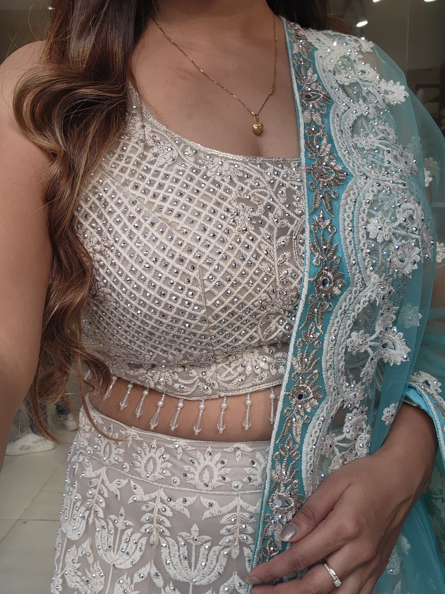 KIARA OFF WHITE THREADWORK LEHENGA WITH SEA GREEN DUPATTA