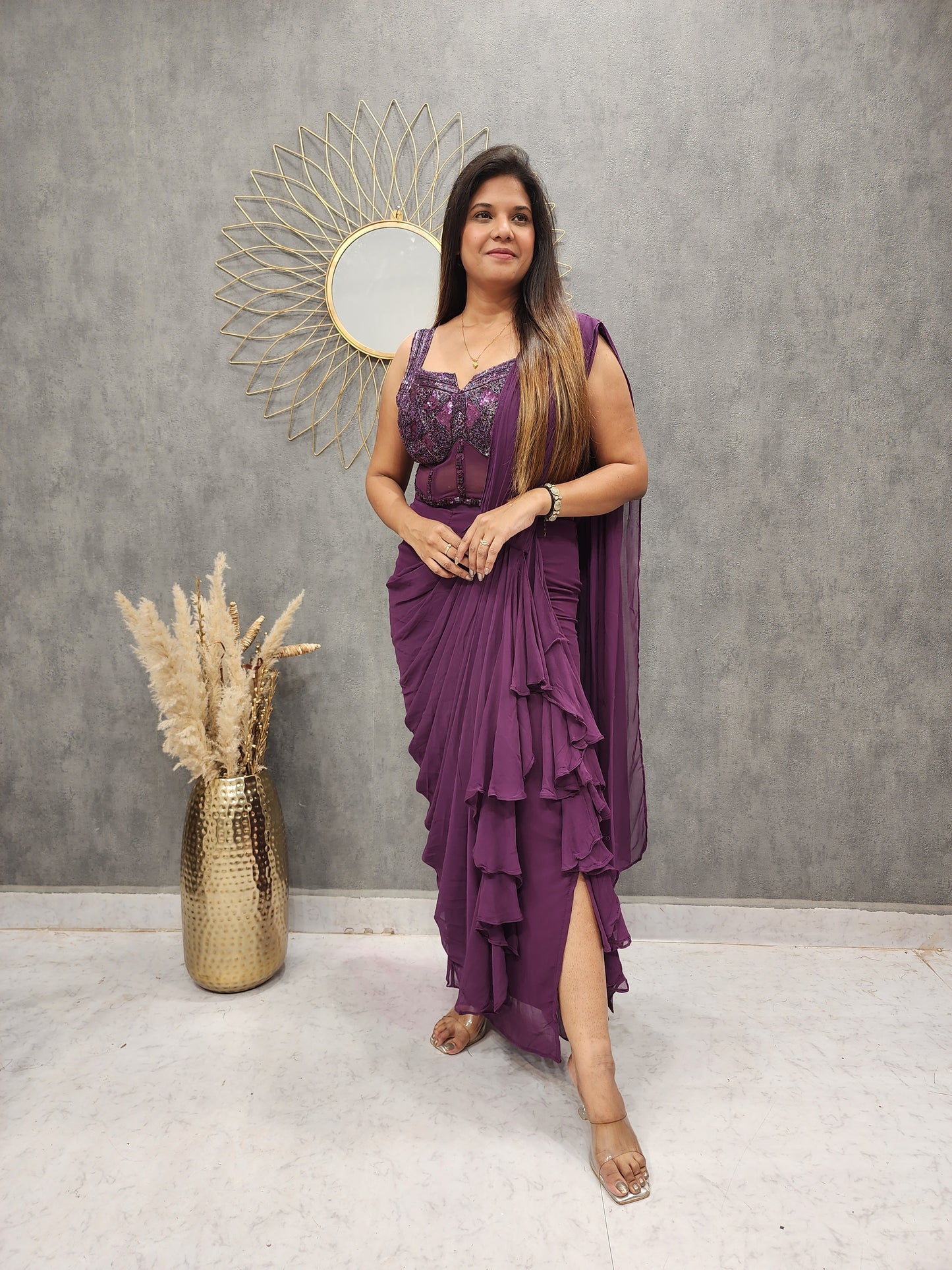 COCKTAIL WINE SIDE CUT RUFFLES DRAPE SAREE