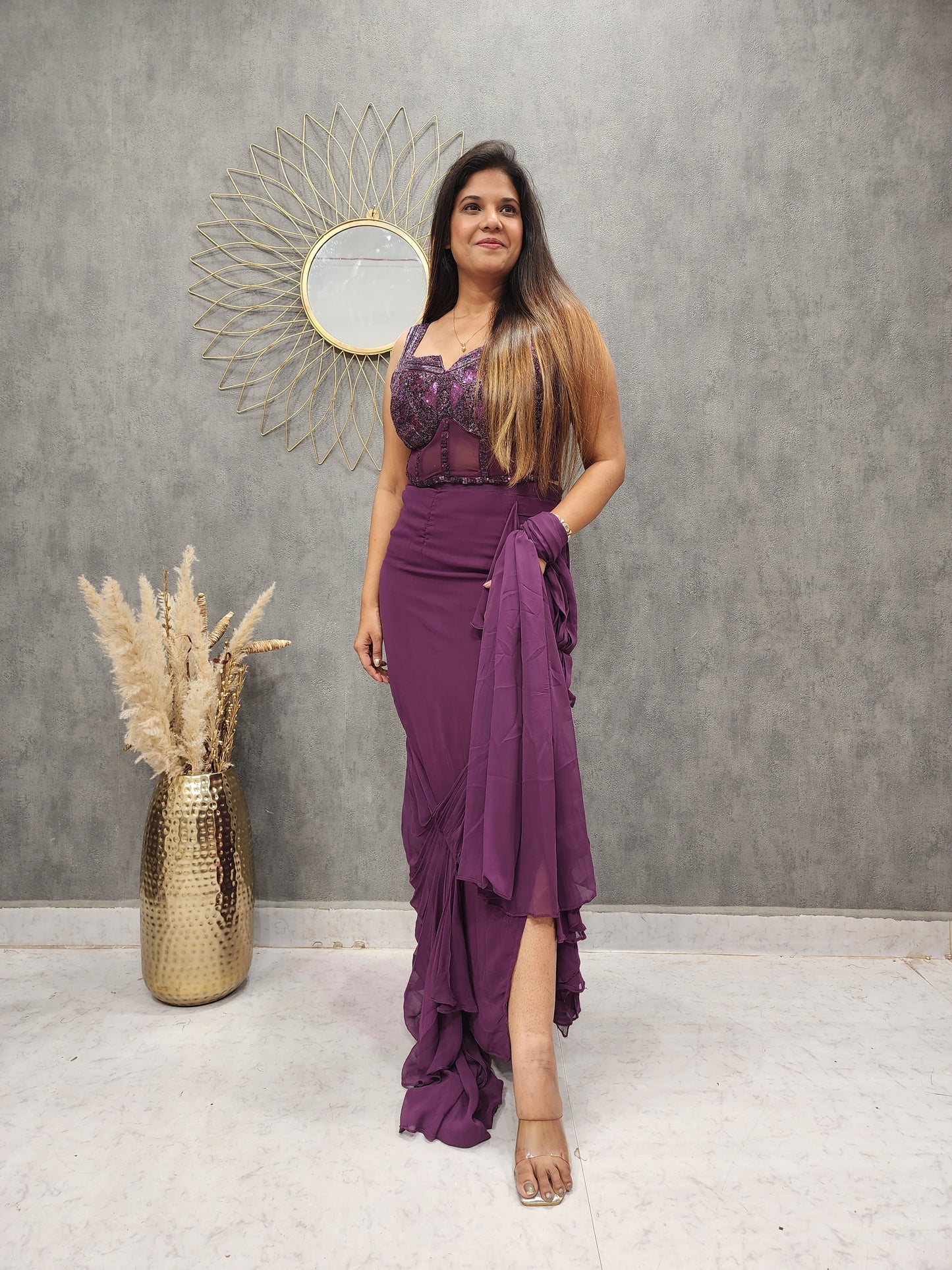 COCKTAIL WINE SIDE CUT RUFFLES DRAPE SAREE