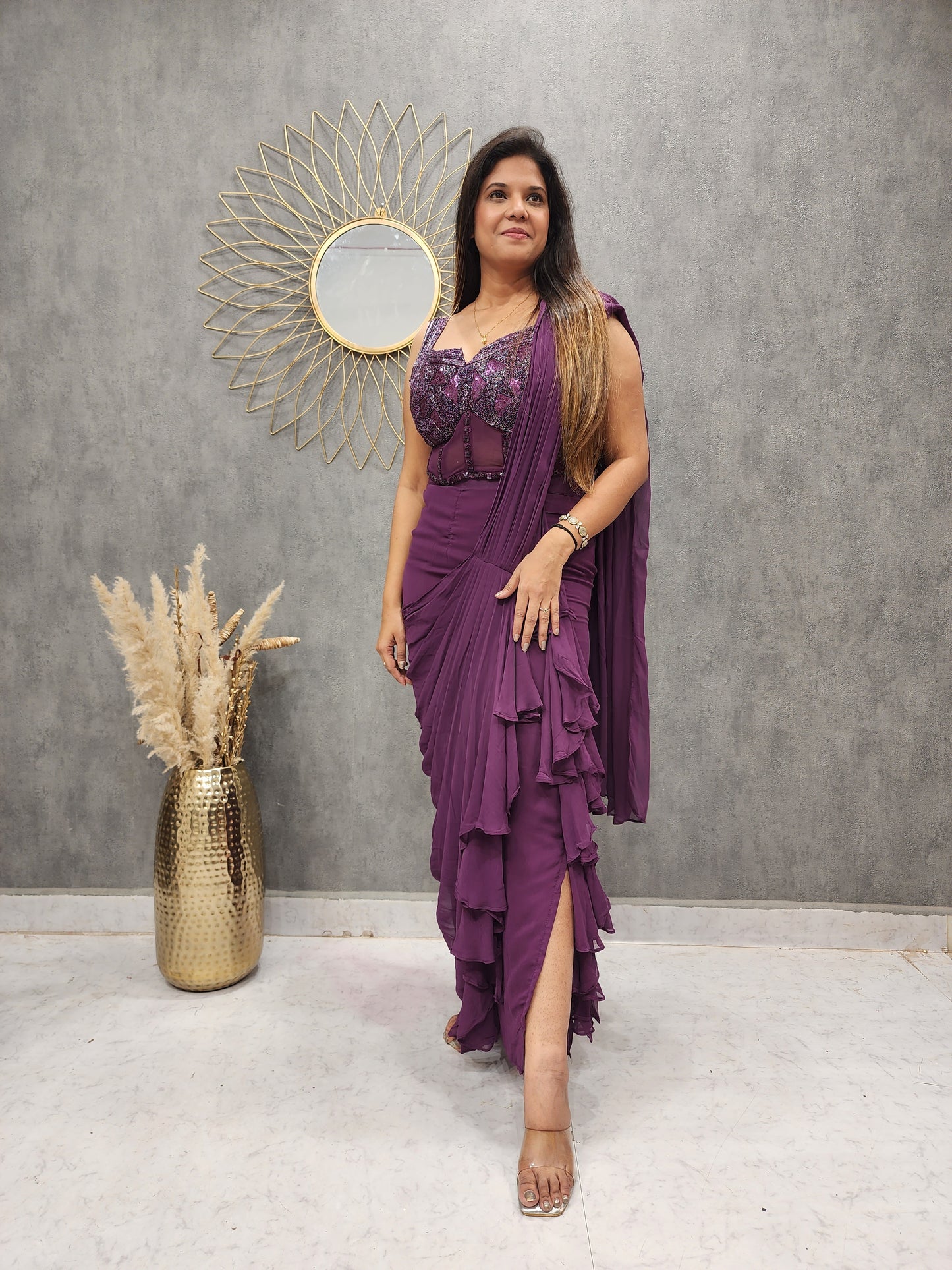 COCKTAIL WINE SIDE CUT RUFFLES DRAPE SAREE