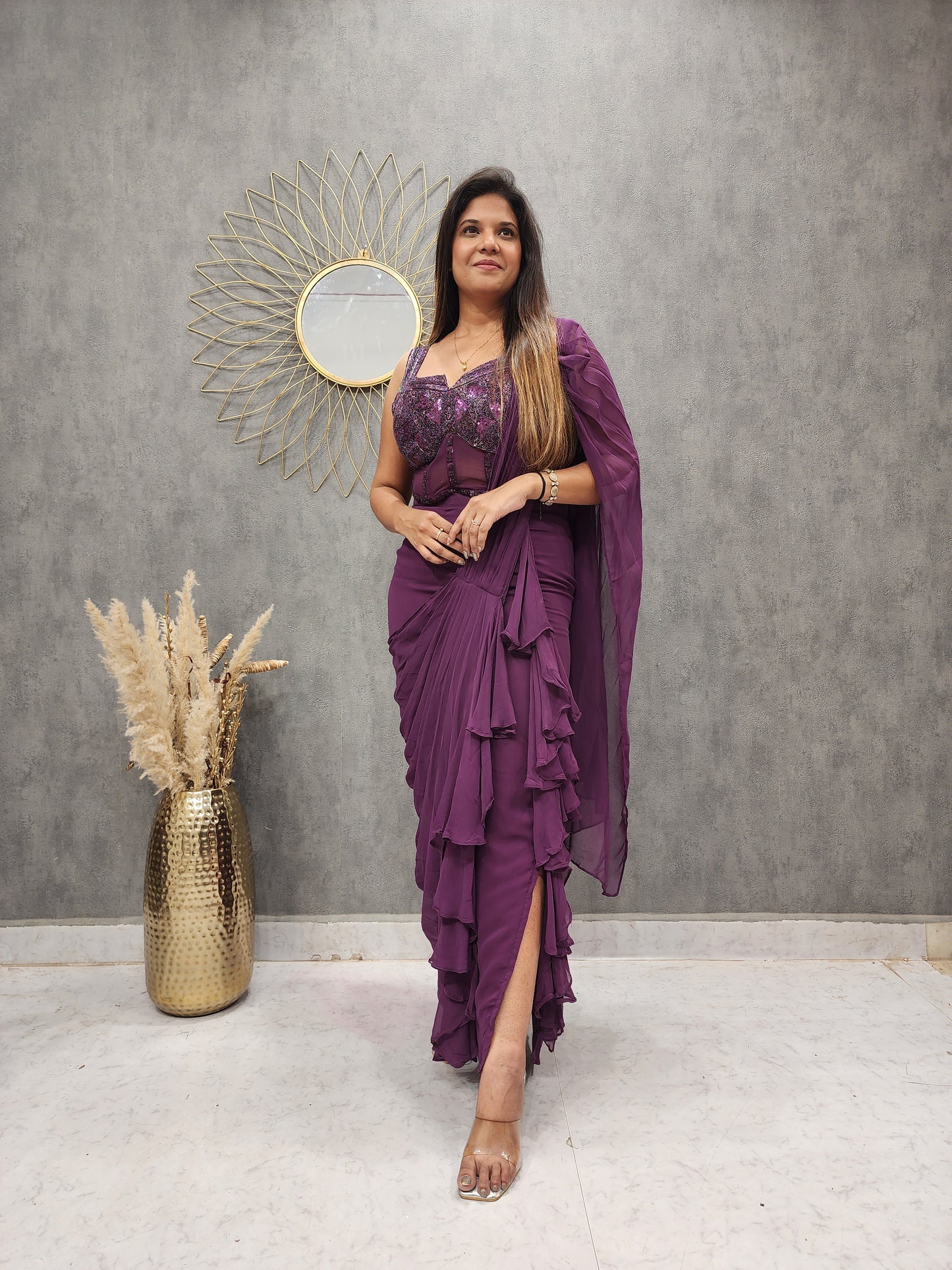 COCKTAIL WINE SIDE CUT RUFFLES DRAPE SAREE